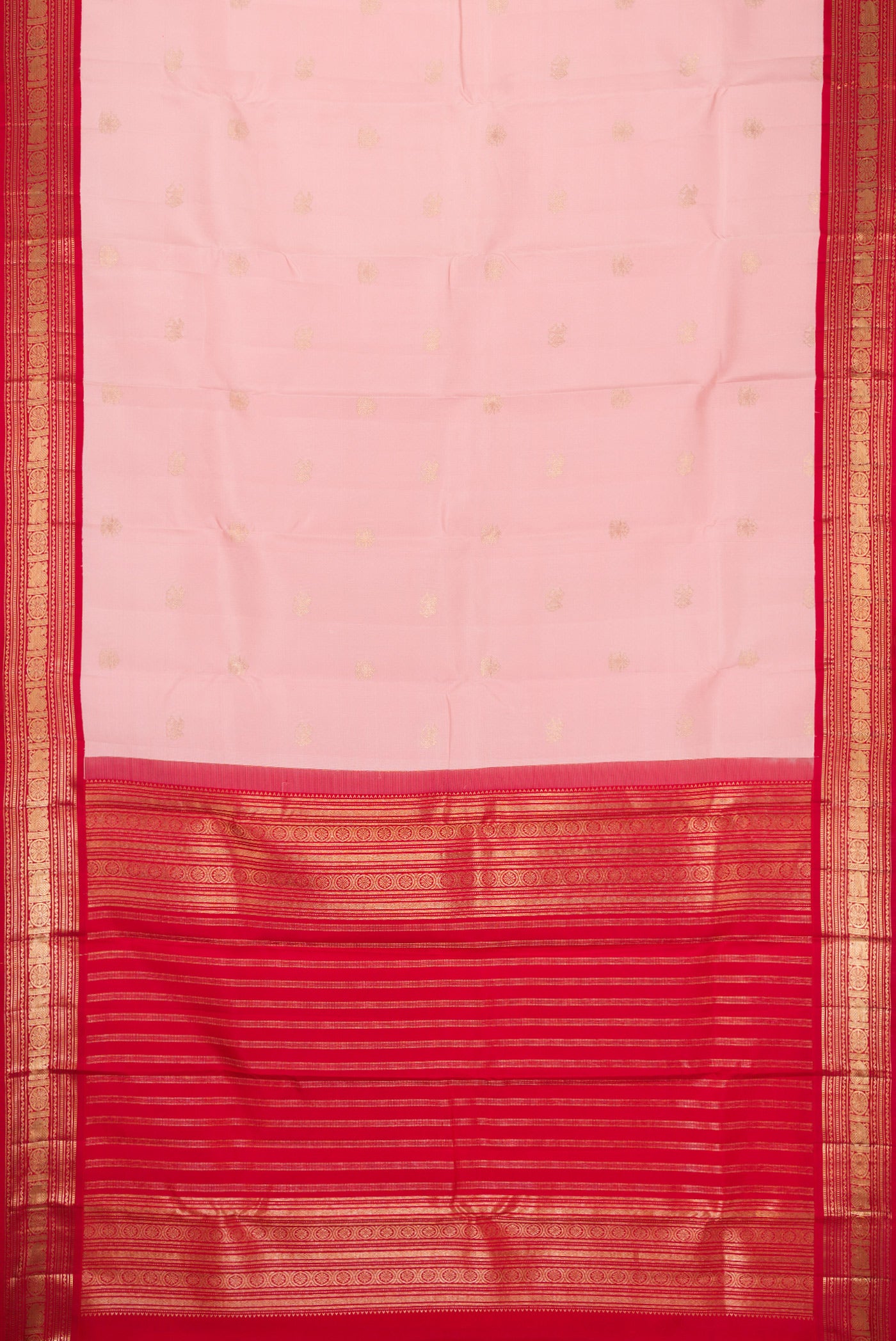 Flat view of Pink Dual Tone Kanchipuram Silk Saree with Zari Butta on the body and Zari Border. 