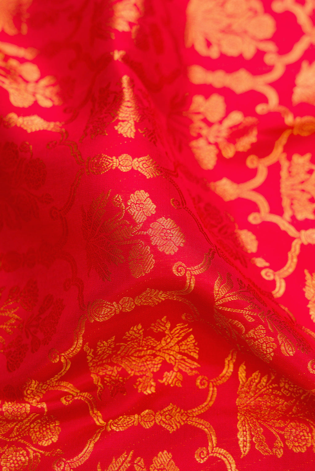 Close up of Red Kanchipuram Silk Saree with Zari Brocade on the body and Zari Border.  displaying folds
