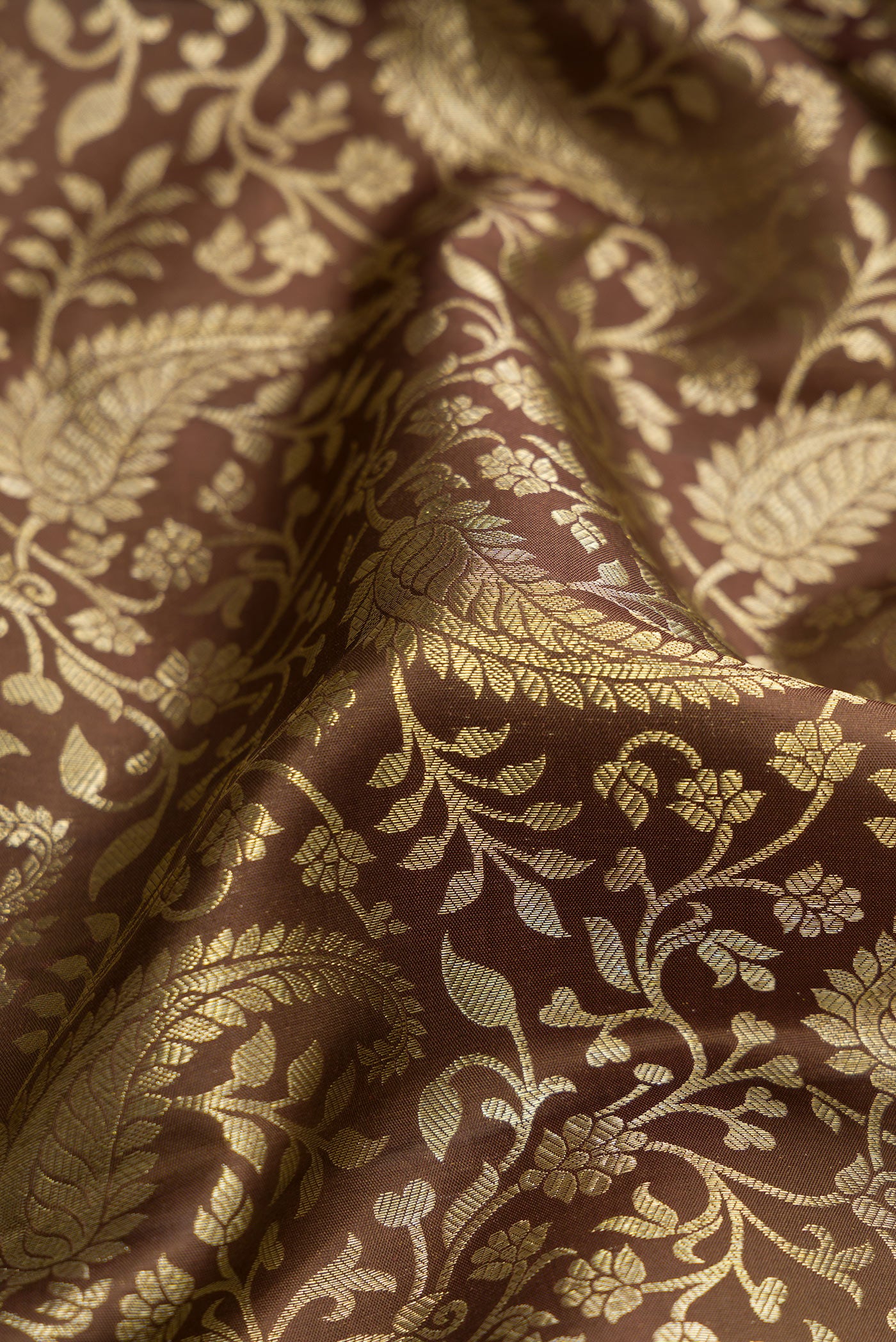 Close up of Brown Dual Tone Kanchipuram Silk Saree with Zari Brocade on the body and Zari Border.  displaying folds