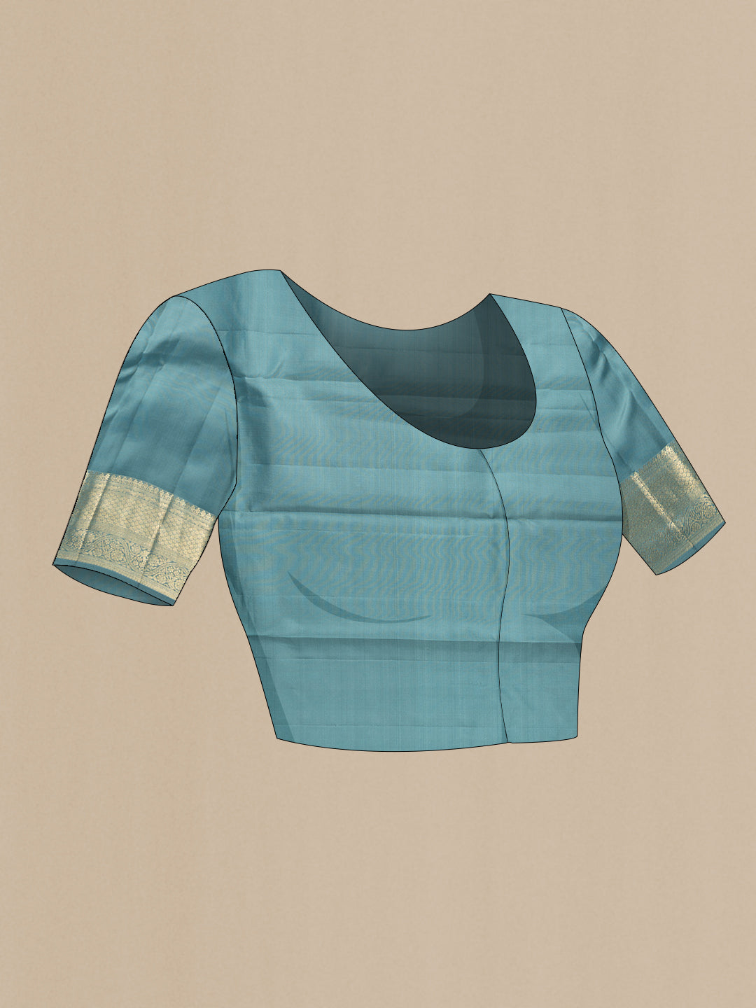 Close up image of the blouse of Maya Blue Kanchipuram Silk Saree with Zari Brocade on the body and Zari Border. 