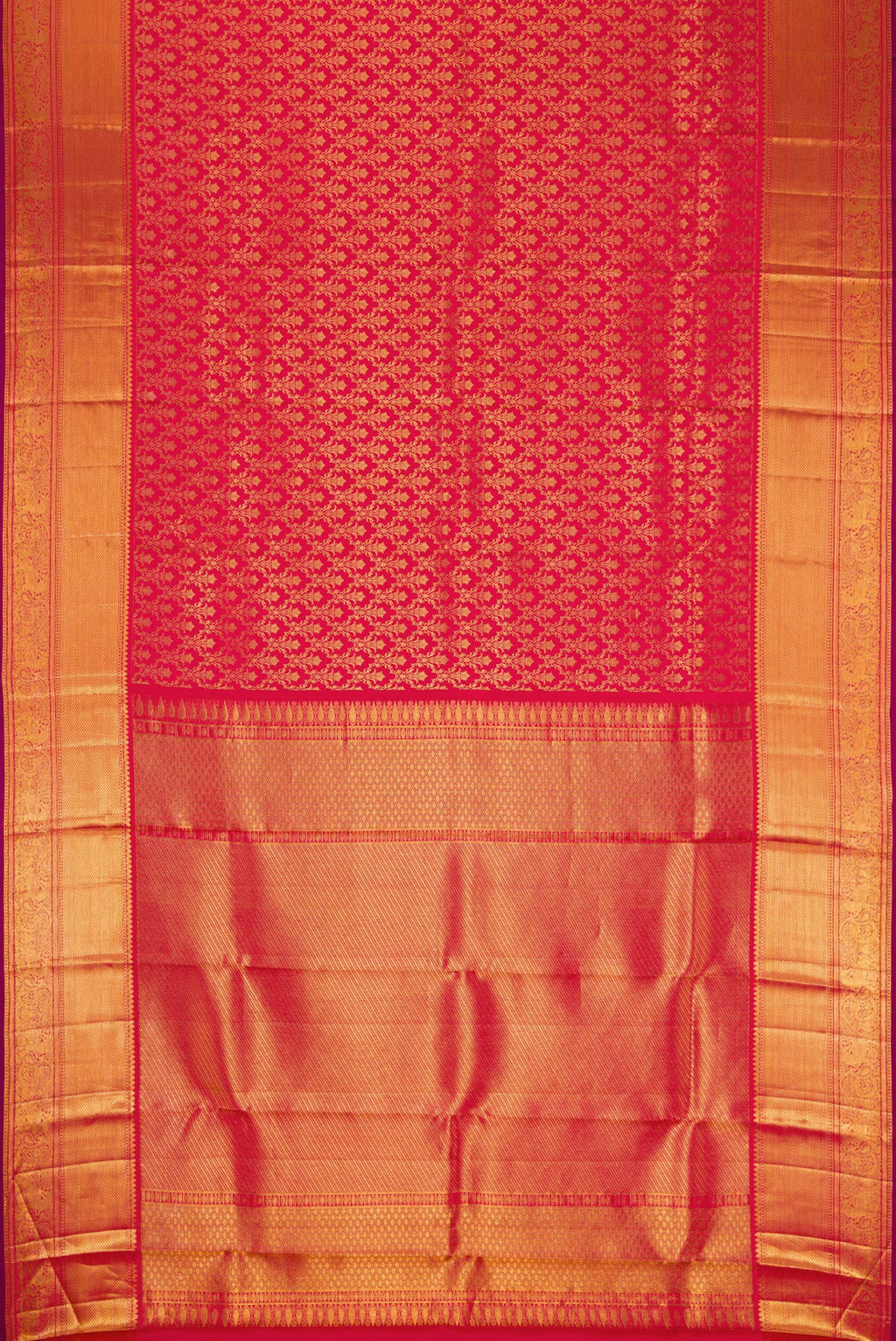 Flat view of Dark Pink Dual Tone Kanchipuram Silk Saree with Zari Brocade on the body and Zari Border. 