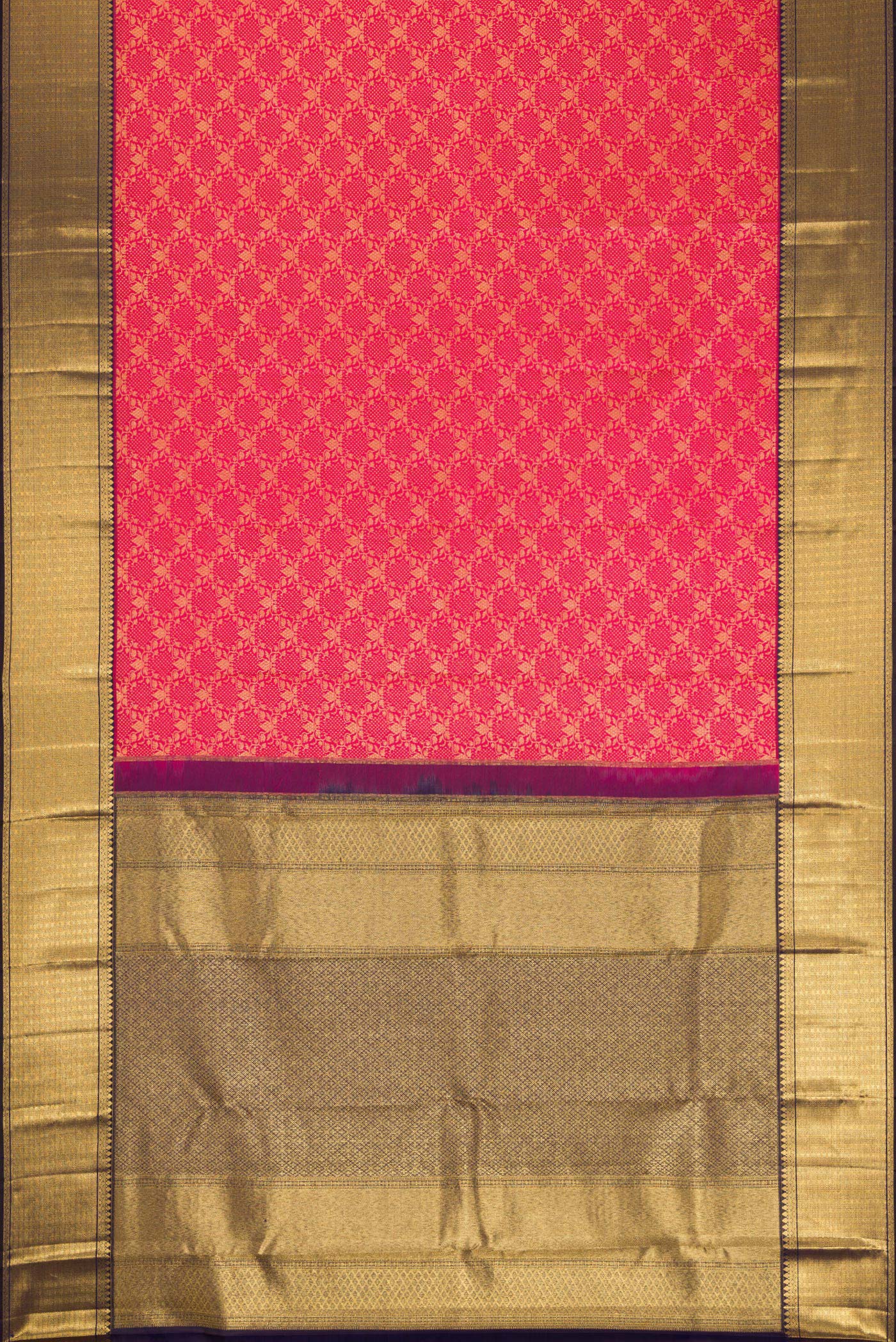 Flat view of Dark Pink Dual Tone Kanchipuram Silk Saree with Zari Brocade on the body and Zari Border. 