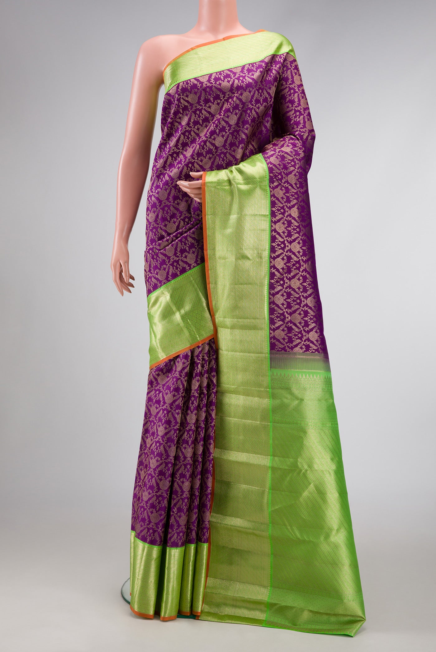 Royal Blue Dual Tone Kanchipuram Silk Saree with Zari Brocade on the body and Zari Border.  displayed on a mannequin