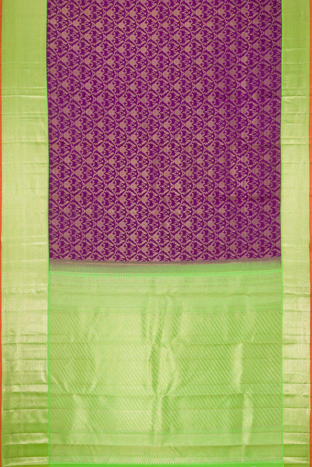 Flat view of Royal Blue Dual Tone Kanchipuram Silk Saree with Zari Brocade on the body and Zari Border. 
