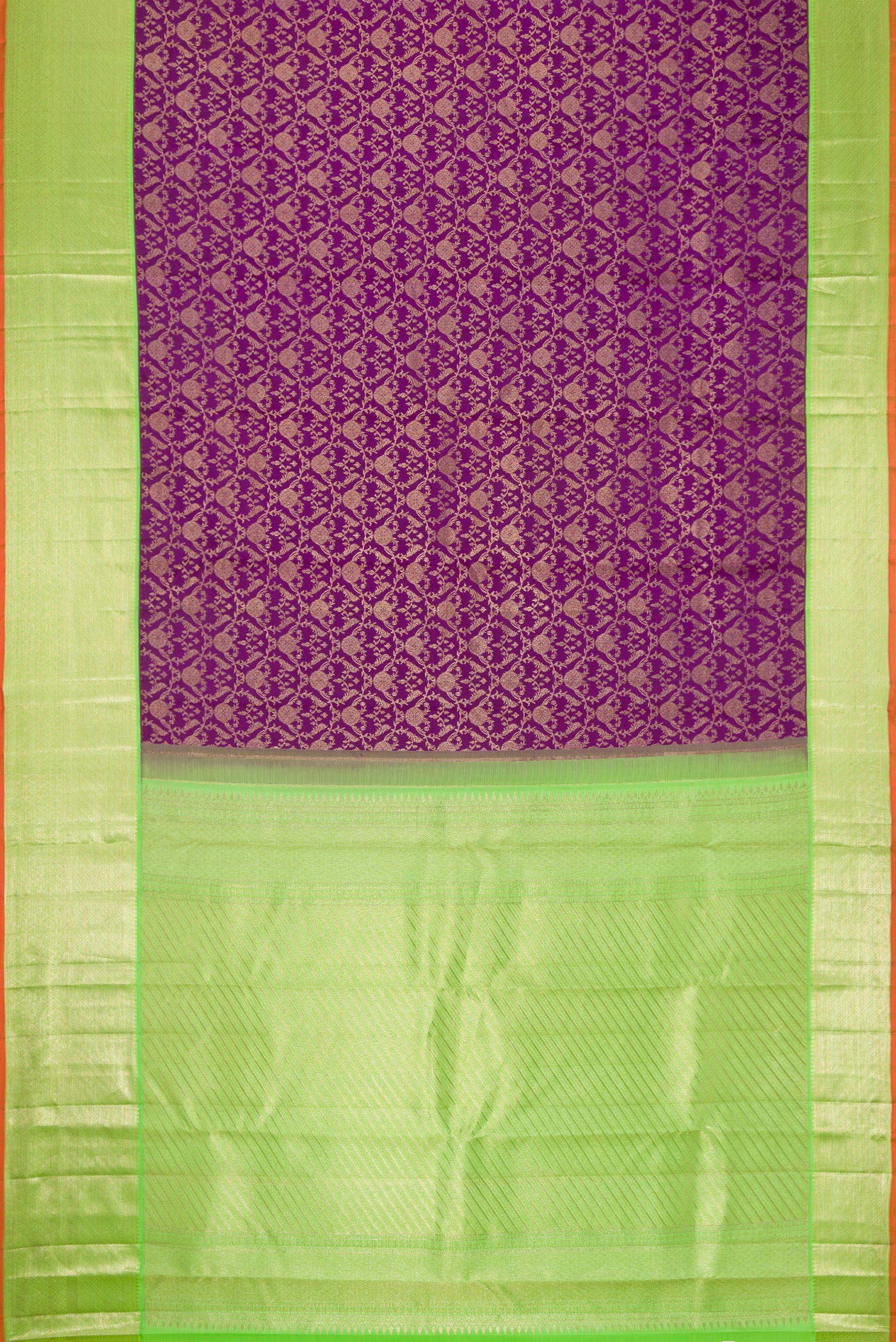 Flat view of Royal Blue Dual Tone Kanchipuram Silk Saree with Zari Brocade on the body and Zari Border. 