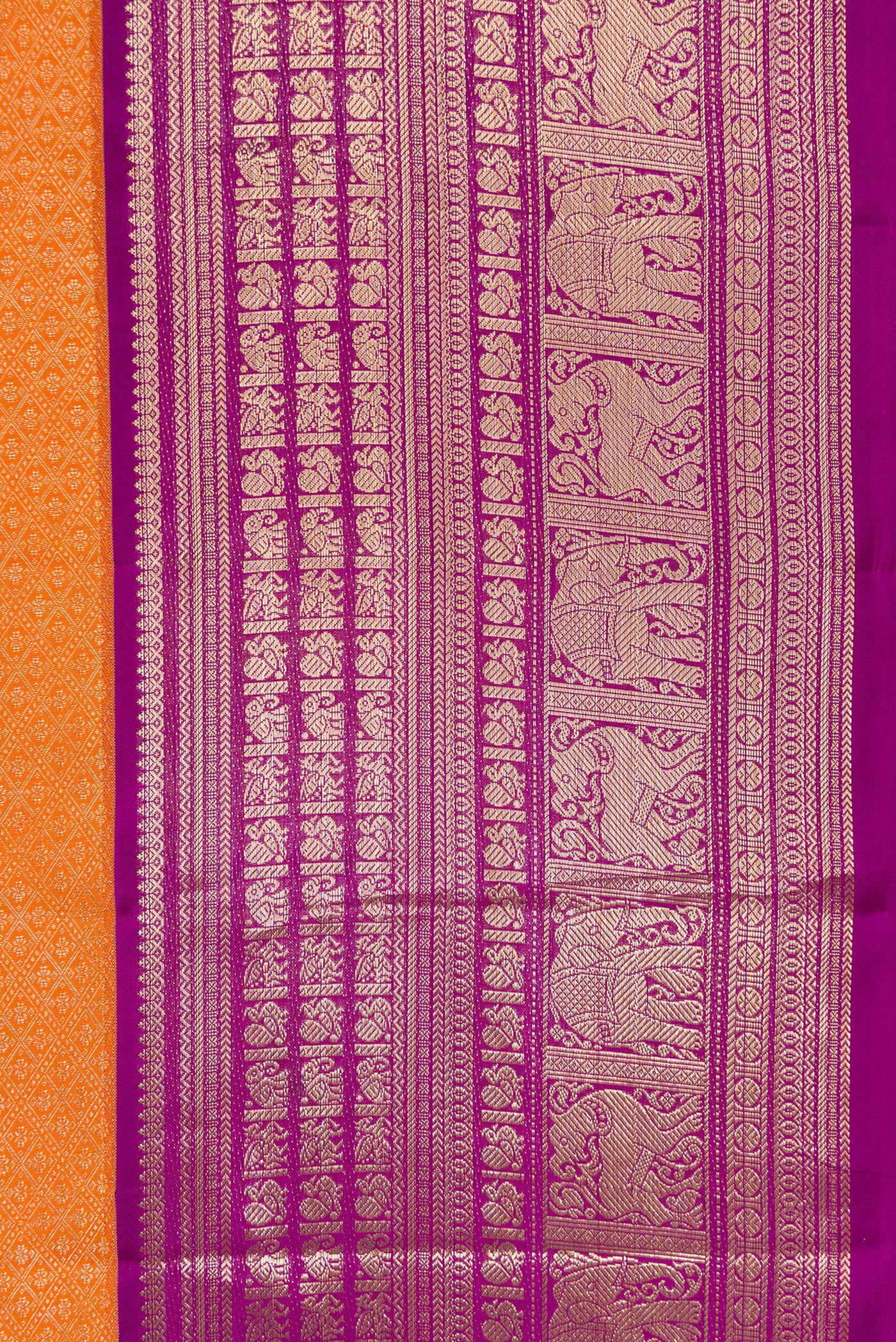 Border image of Orange Dual Tone Kanchipuram Silk Saree with Zari Brocade on the body and Zari Border. 