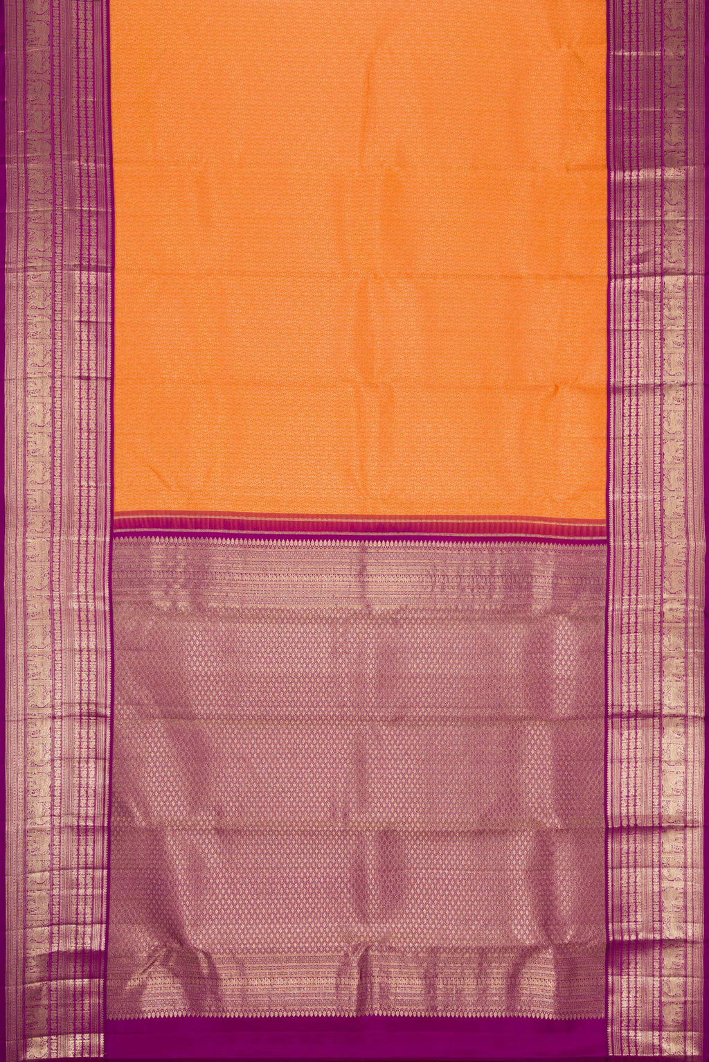 Flat view of Orange Dual Tone Kanchipuram Silk Saree with Zari Brocade on the body and Zari Border. 