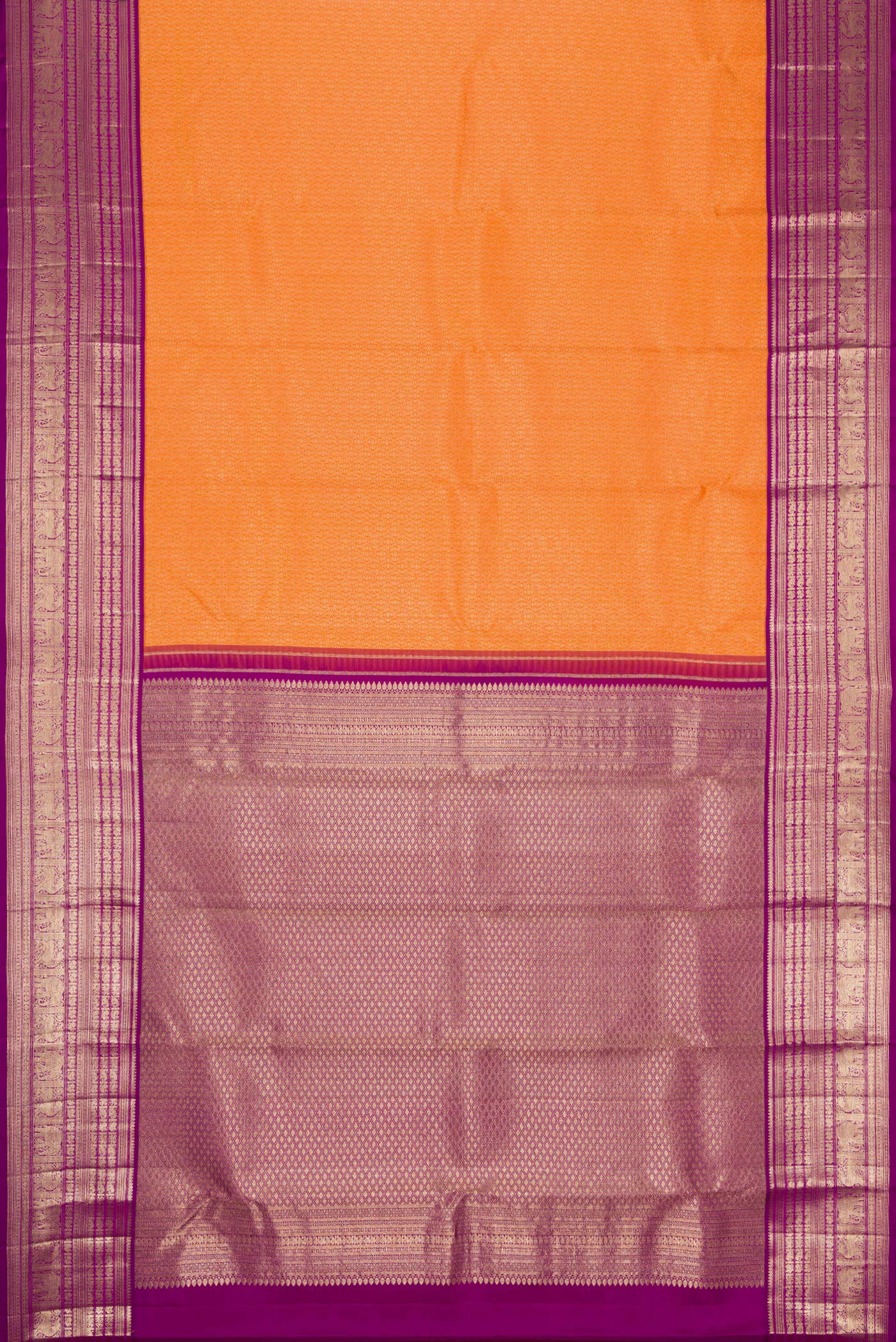 Flat view of Orange Dual Tone Kanchipuram Silk Saree with Zari Brocade on the body and Zari Border. 