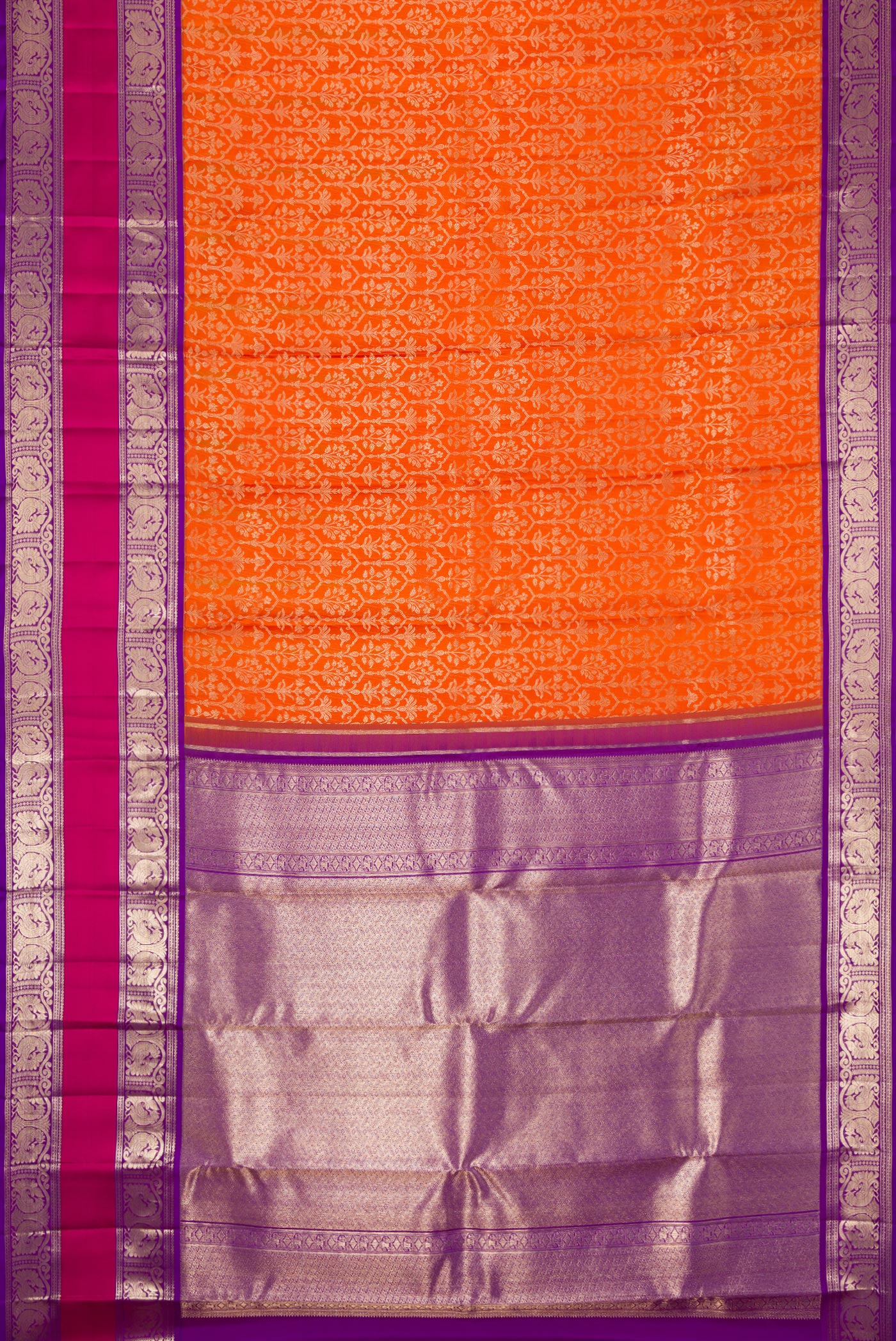 Flat view of Orange Dual Tone Kanchipuram Silk Saree with Zari Brocade on the body and Zari Border. 