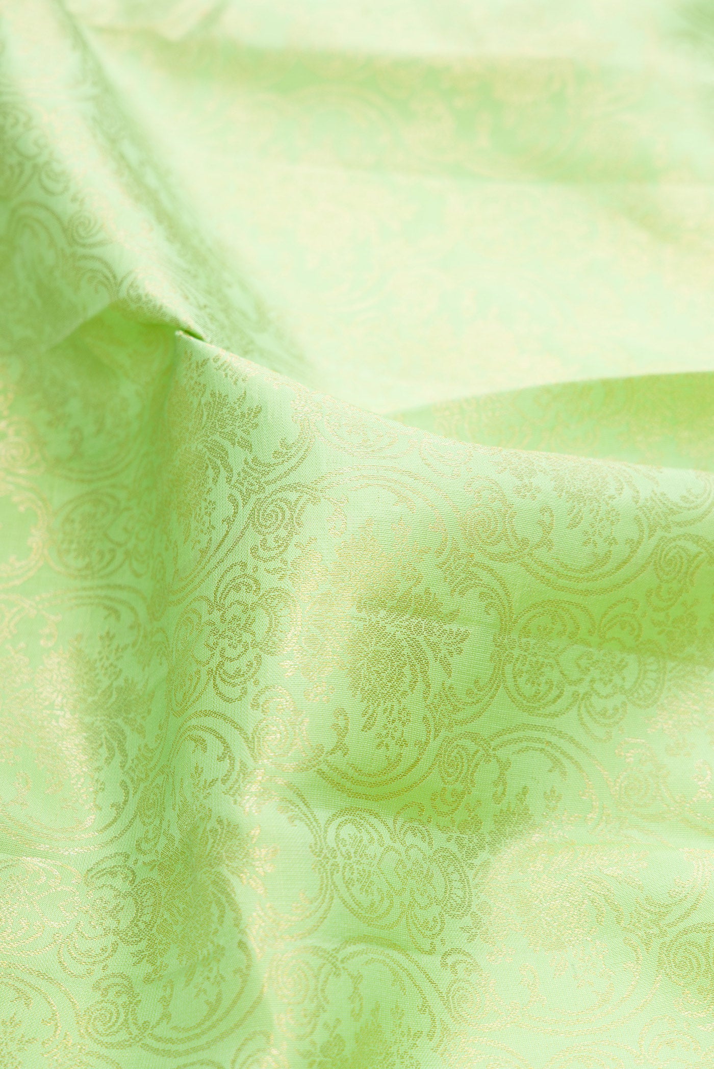 Close up of Parrot Green Dual Tone Kanjivaram Silk Saree with Zari Brocade on the body and Zari Border.  displaying folds