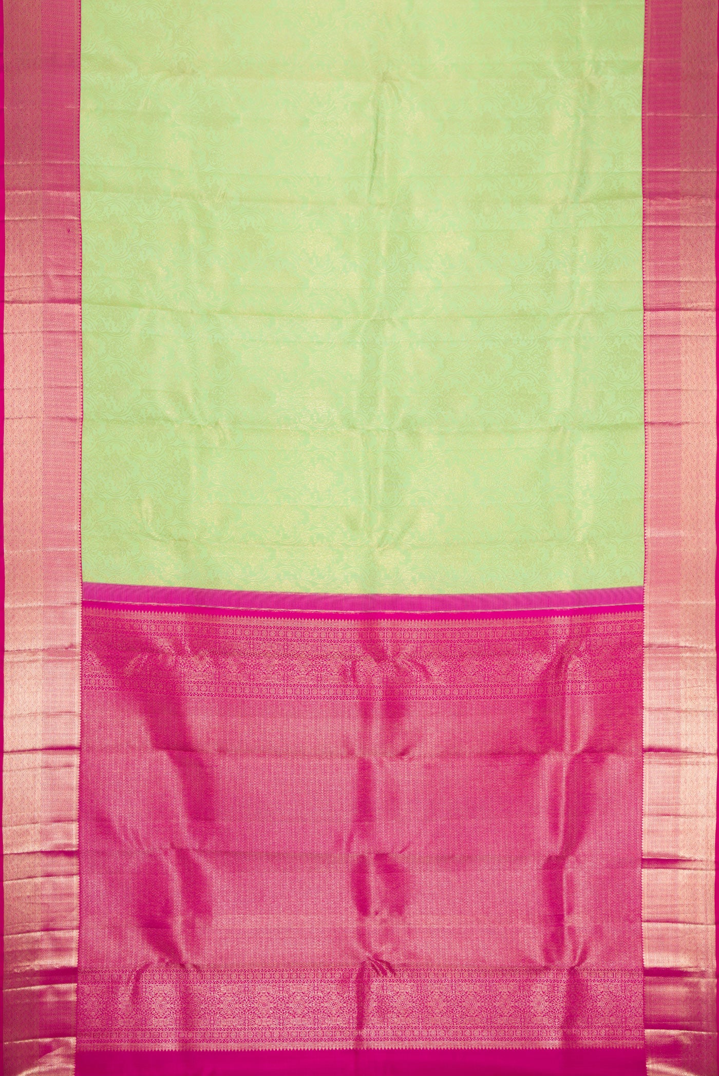 Flat view of Parrot Green Dual Tone Kanjivaram Silk Saree with Zari Brocade on the body and Zari Border. 