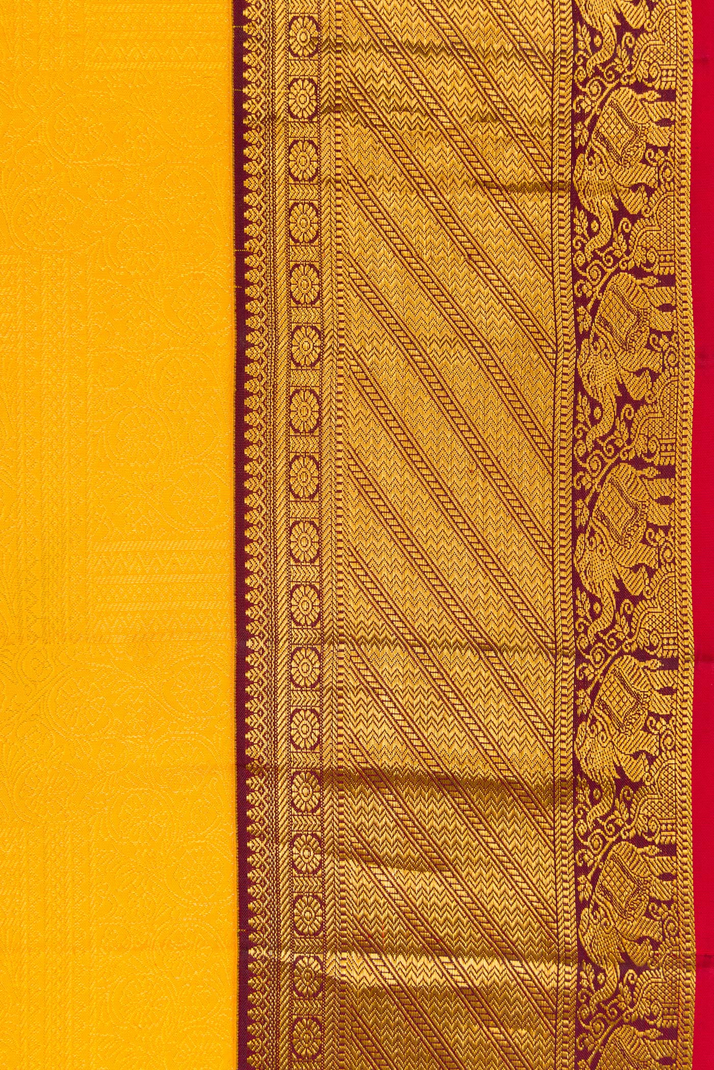 Border image of Yellow Dual Tone Kanjivaram Silk Saree with Zari Brocade on the body and Zari Border. 