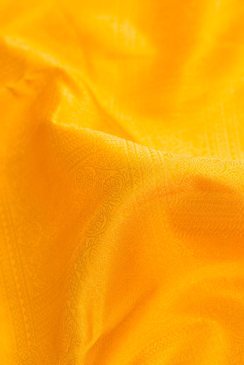 Close up of Yellow Dual Tone Kanjivaram Silk Saree with Zari Brocade on the body and Zari Border.  displaying folds