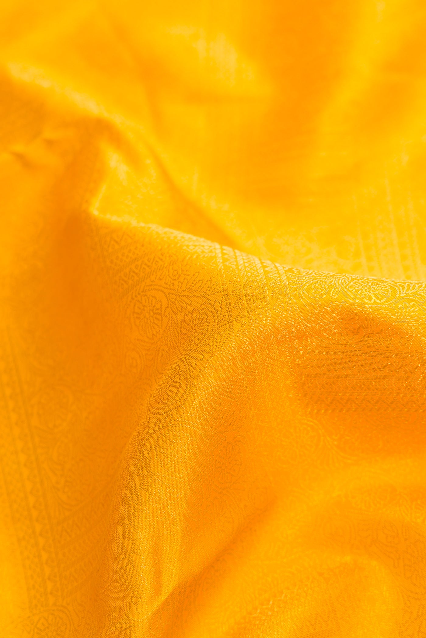 Close up of Yellow Dual Tone Kanjivaram Silk Saree with Zari Brocade on the body and Zari Border.  displaying folds