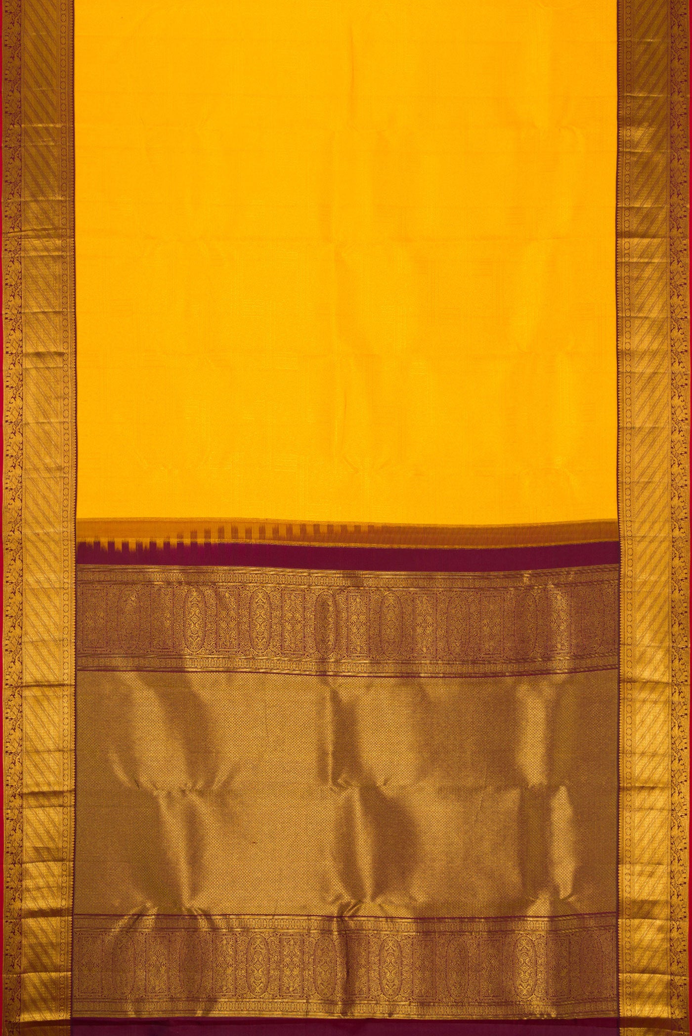 Flat view of Yellow Dual Tone Kanjivaram Silk Saree with Zari Brocade on the body and Zari Border. 