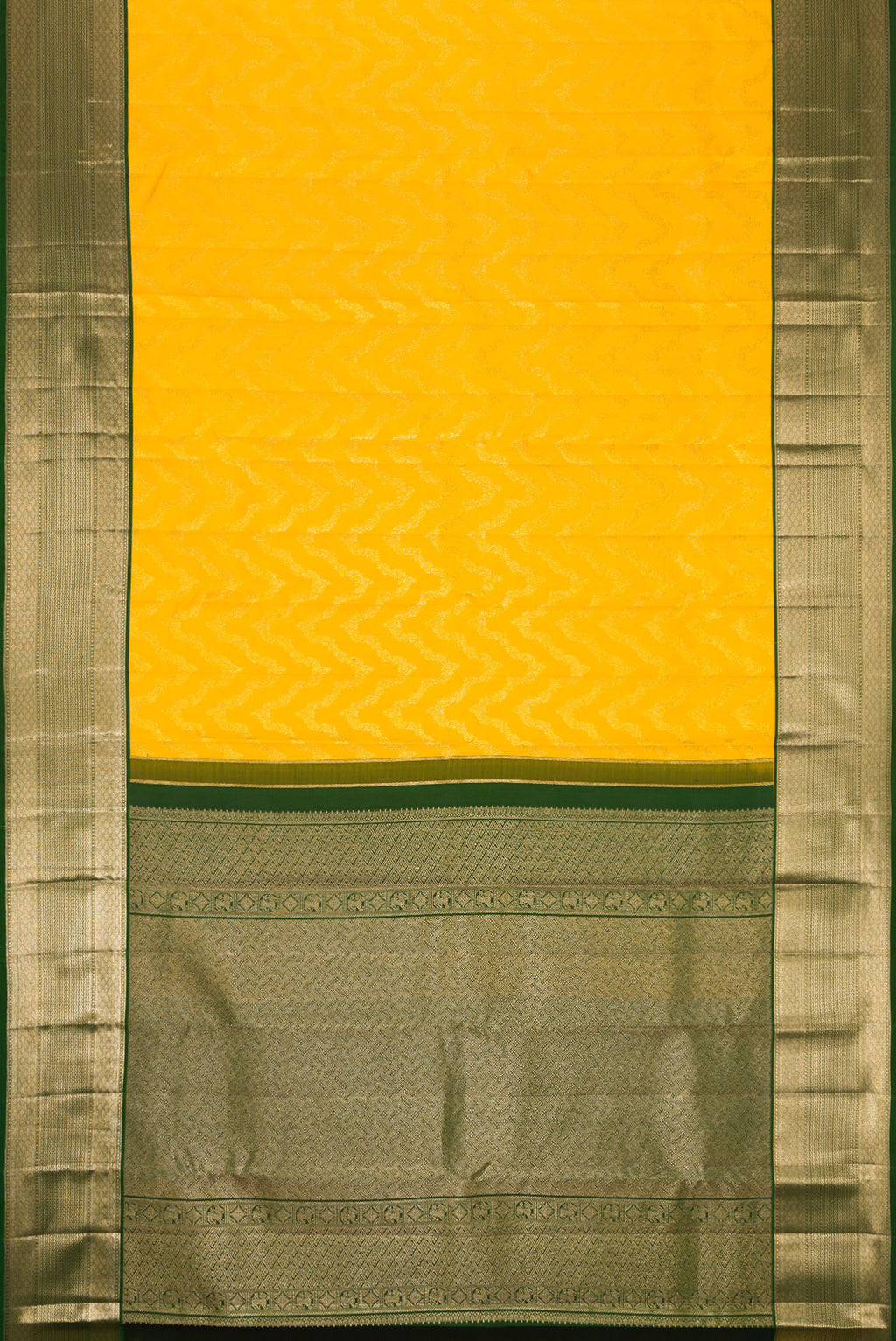 Flat view of Yellow Dual Tone Kanjivaram Silk Saree with Zari Brocade on the body and Zari Border. 