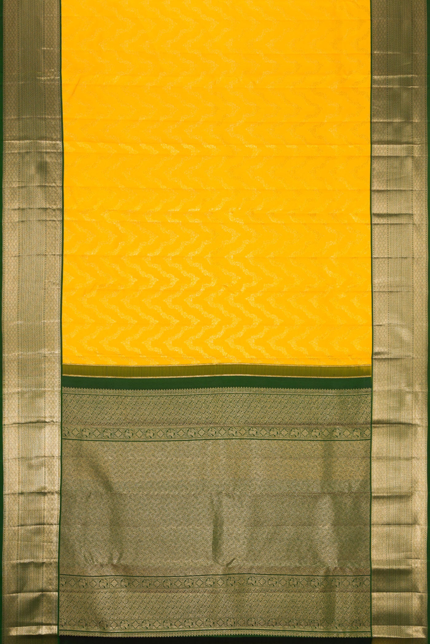 Flat view of Yellow Dual Tone Kanjivaram Silk Saree with Zari Brocade on the body and Zari Border. 