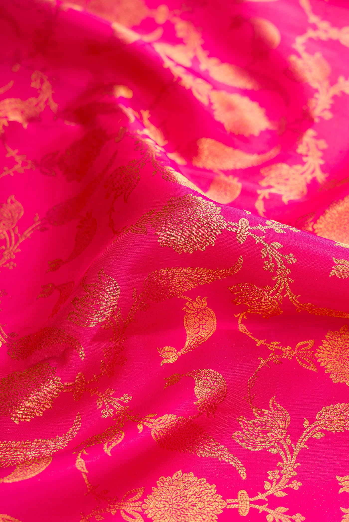 Close up of Pink Dual Tone Kanjivaram Silk Saree with Zari Brocade on the body and Zari Border.  displaying folds