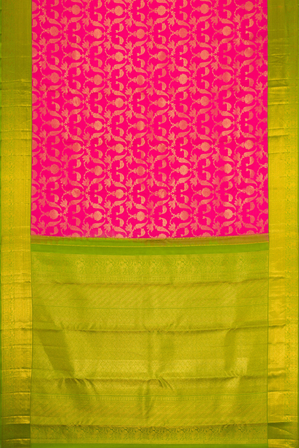 Flat view of Pink Dual Tone Kanjivaram Silk Saree with Zari Brocade on the body and Zari Border. 