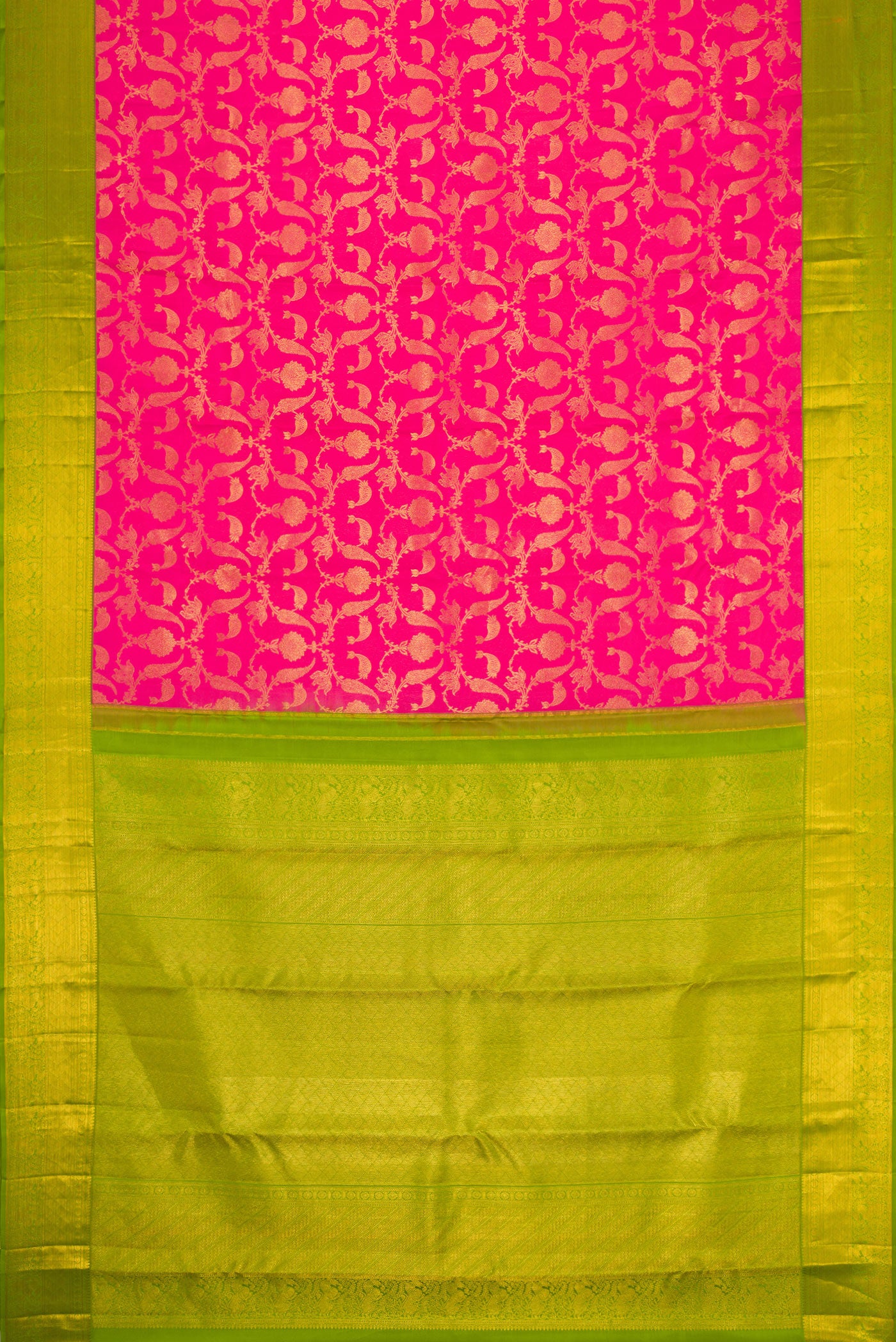 Flat view of Pink Dual Tone Kanjivaram Silk Saree with Zari Brocade on the body and Zari Border. 