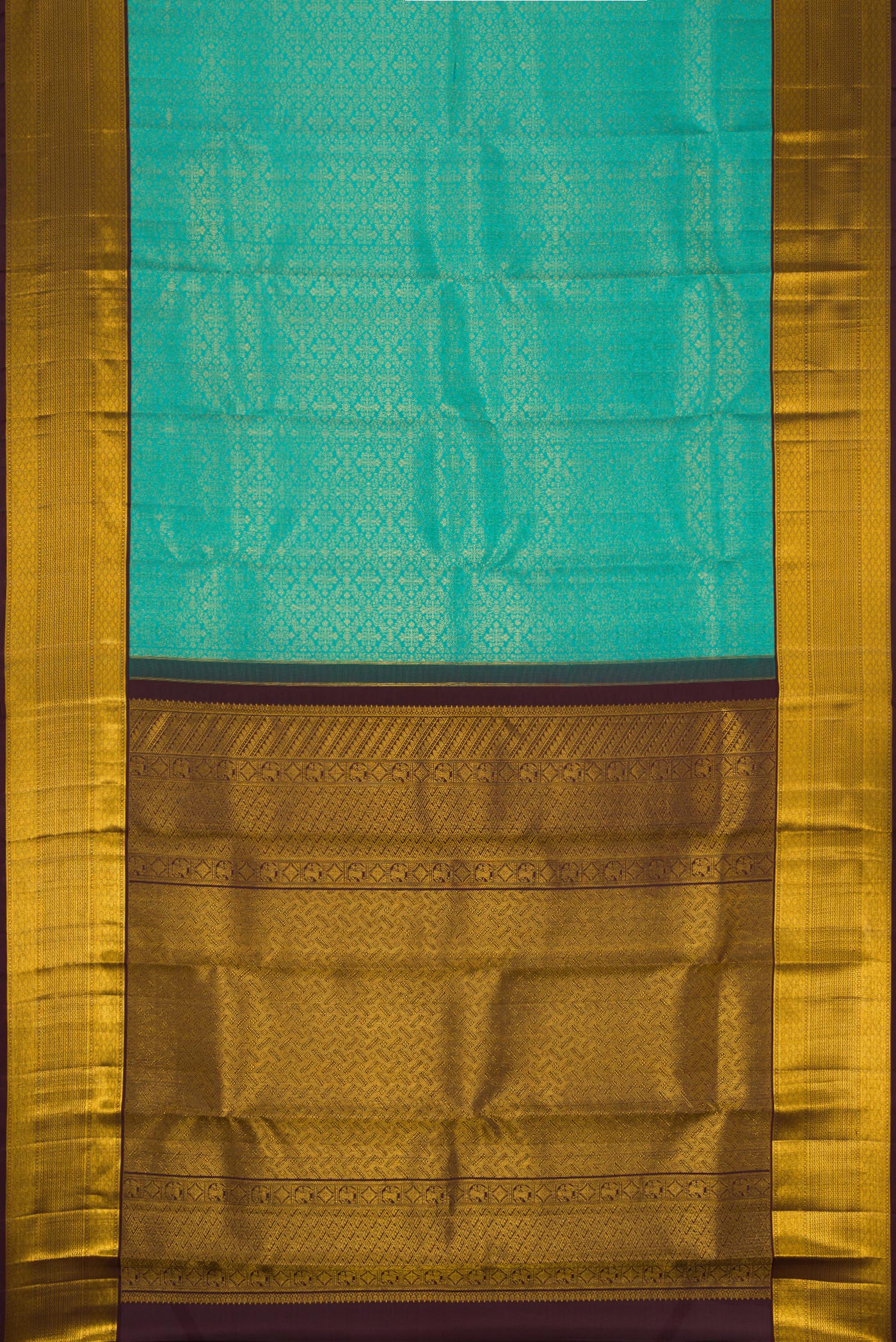 Flat view of Sea Green Dual Tone Kanjivaram Silk Saree with Zari Brocade on the body and Zari Border. 