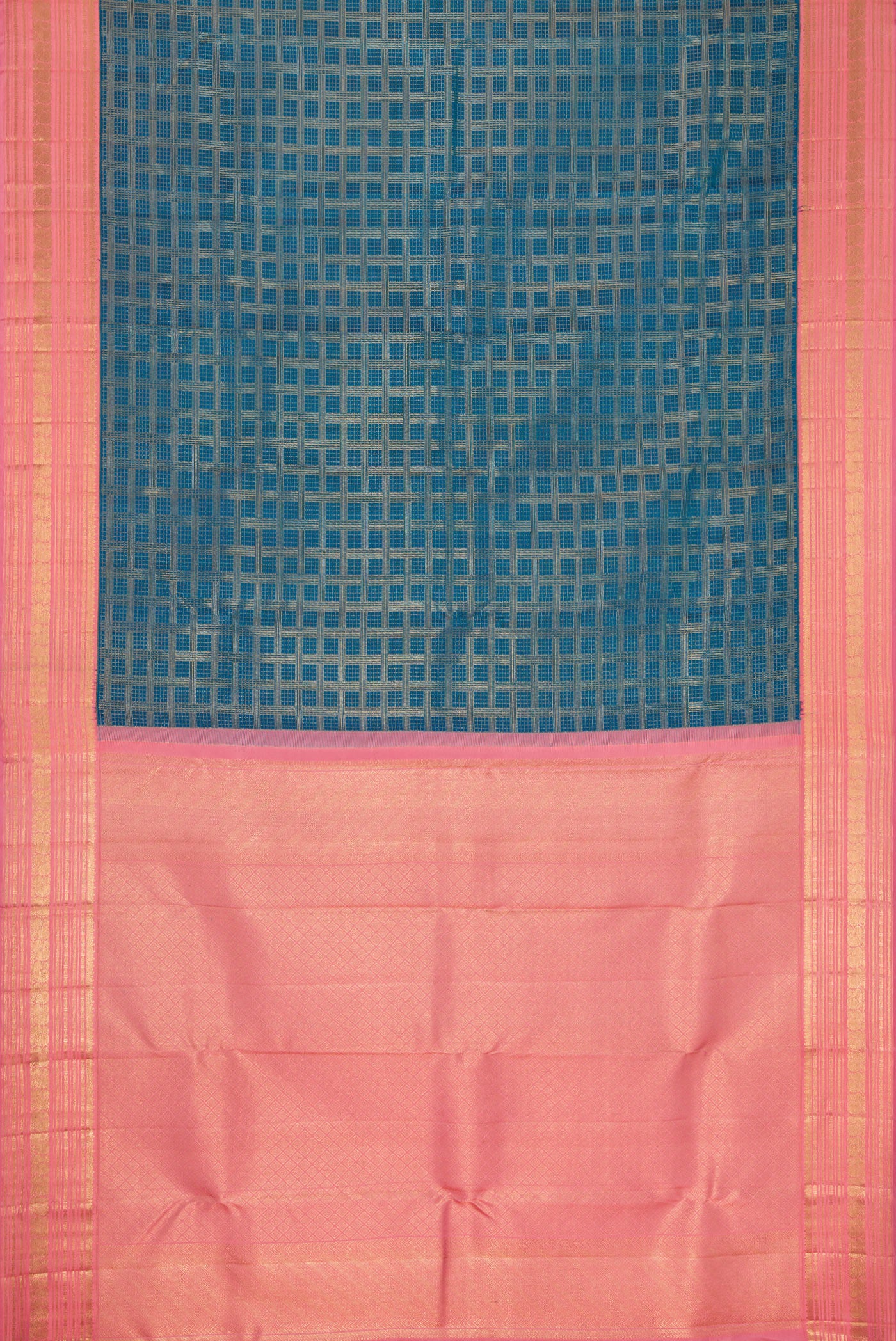 Flat view of Peacock Blue Dual Tone Kanjivaram Silk Saree with Zari Brocade on the body and Zari Border. 