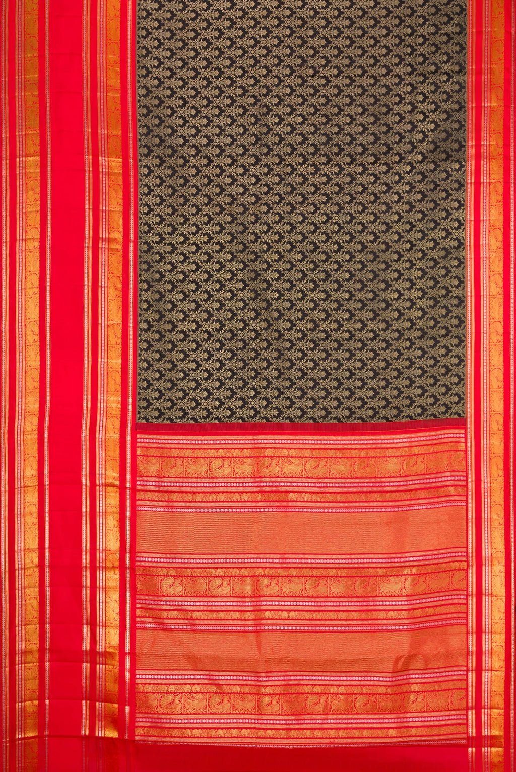 Flat view of Black Dual Tone Kanjivaram Silk Saree with Zari Brocade on the body and Zari Border. 