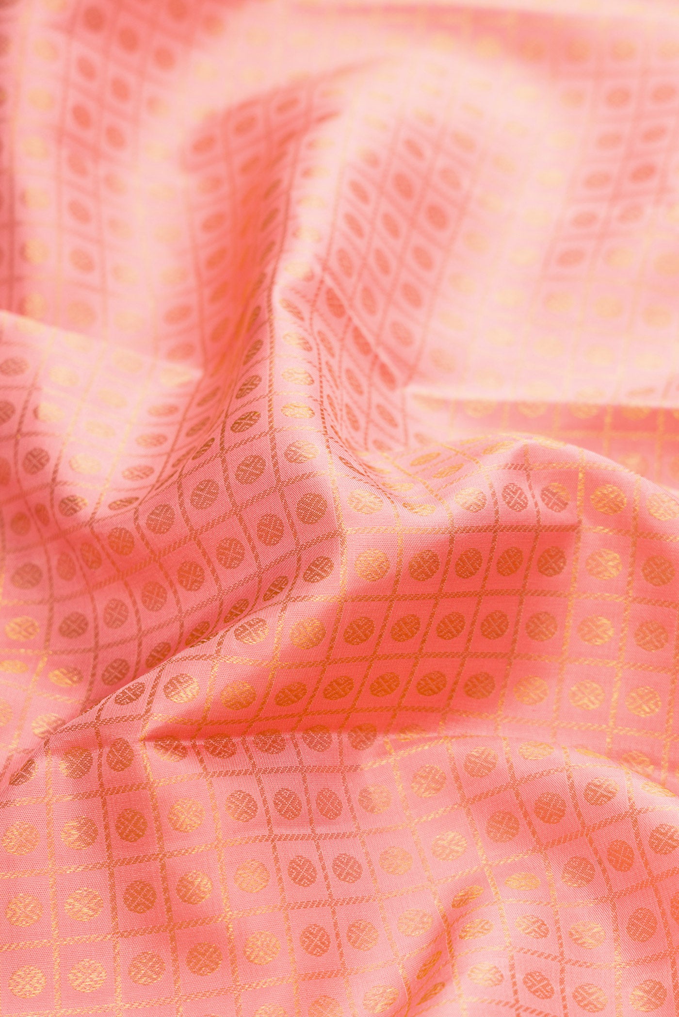 Close up of Pink Dual Tone Kanjivaram Silk Saree with Zari Brocade on the body and Zari Border.  displaying folds