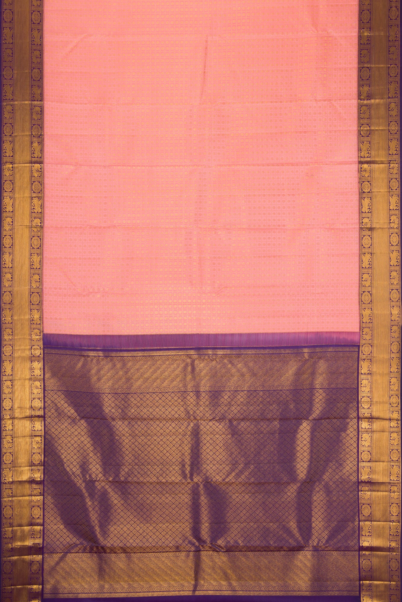 Flat view of Pink Dual Tone Kanjivaram Silk Saree with Zari Brocade on the body and Zari Border. 
