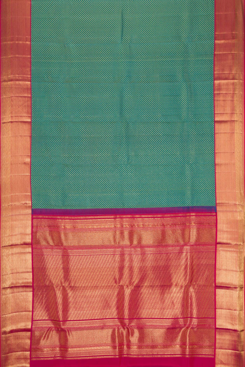 Flat view of Green Dual Tone Kanjivaram Silk Saree with Zari Brocade on the body and Zari Border. 
