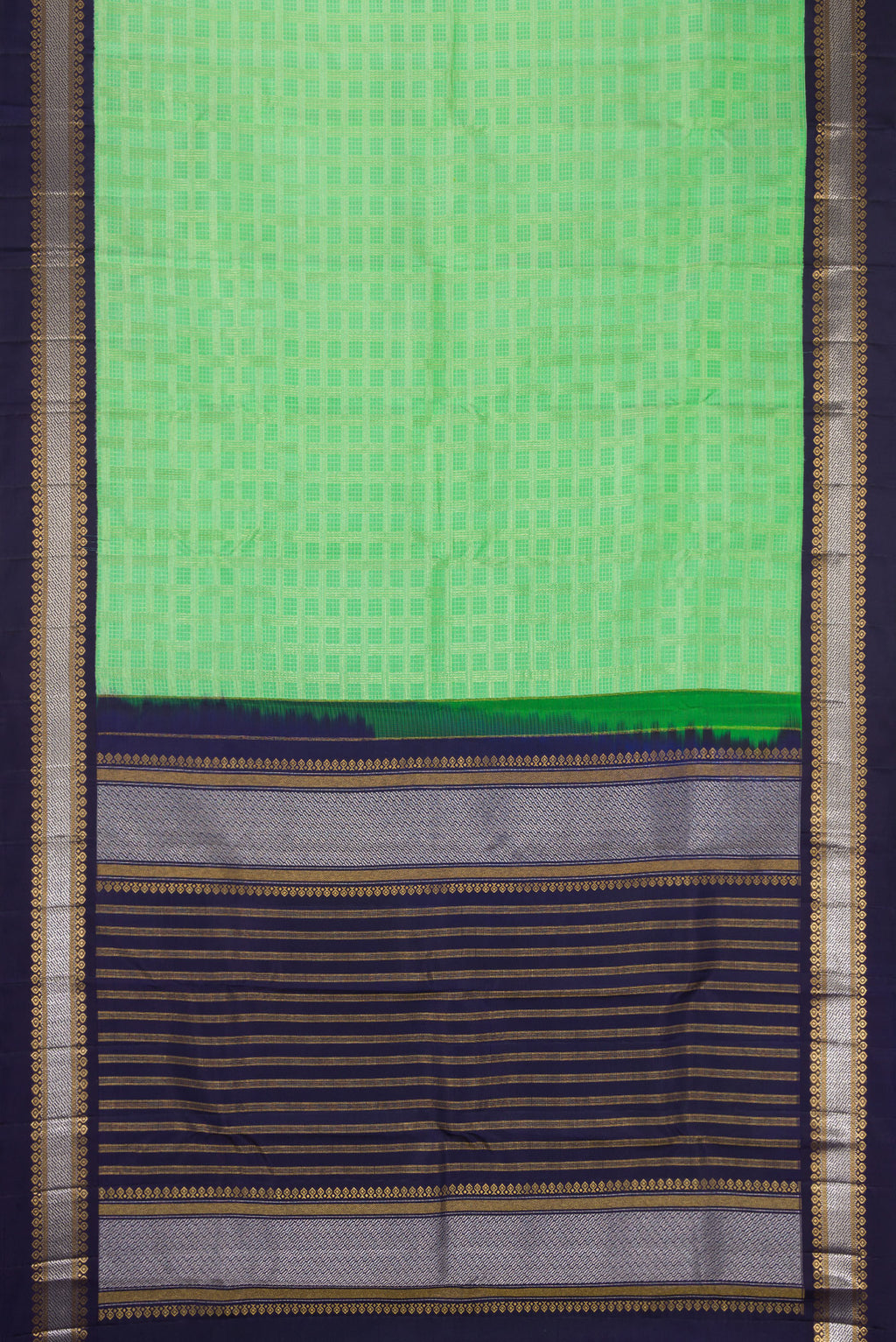 Flat view of Parrot Green Dual Tone Kanjivaram Silk Saree with Zari Brocade on the body and Zari Border. 