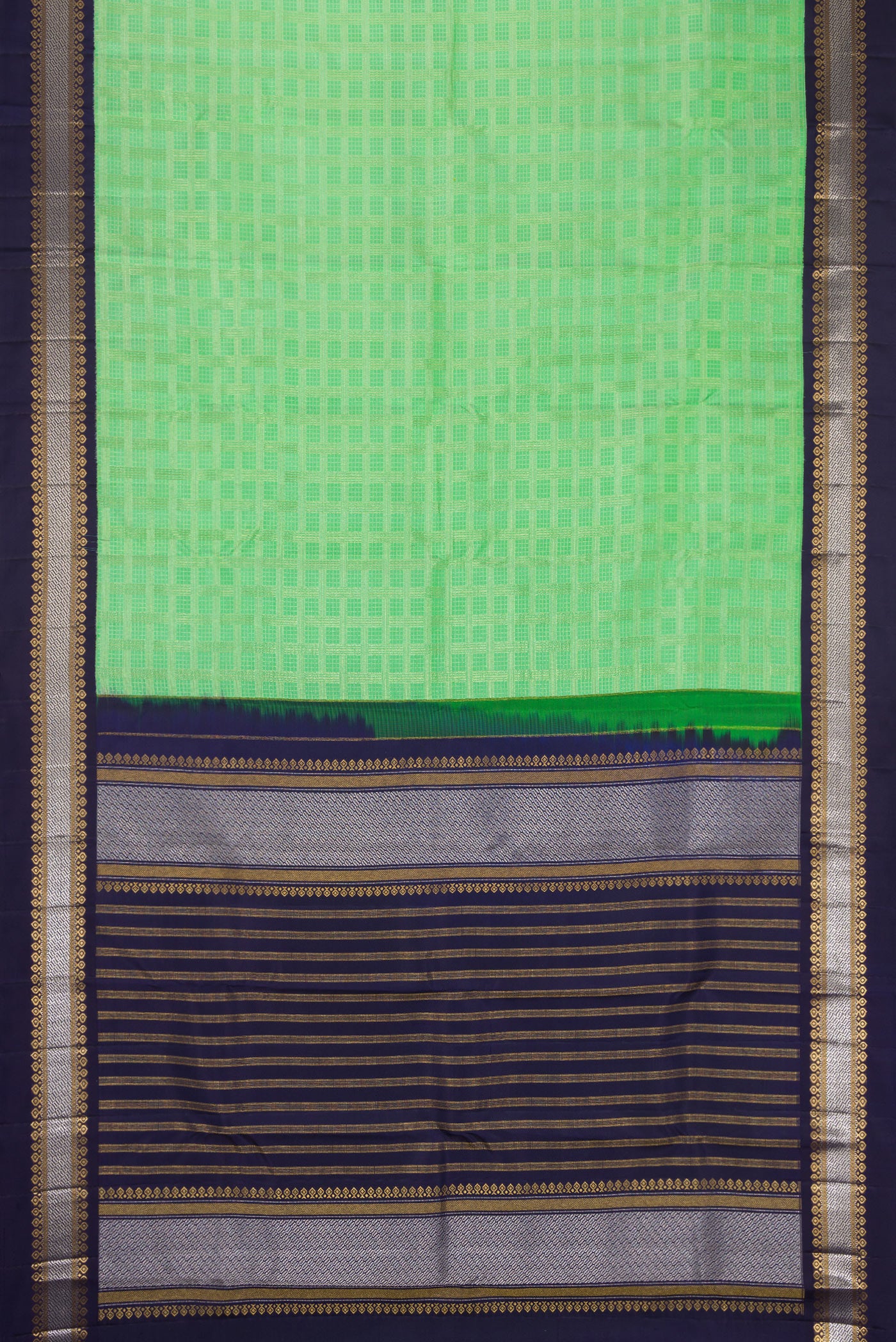 Flat view of Parrot Green Dual Tone Kanjivaram Silk Saree with Zari Brocade on the body and Zari Border. 
