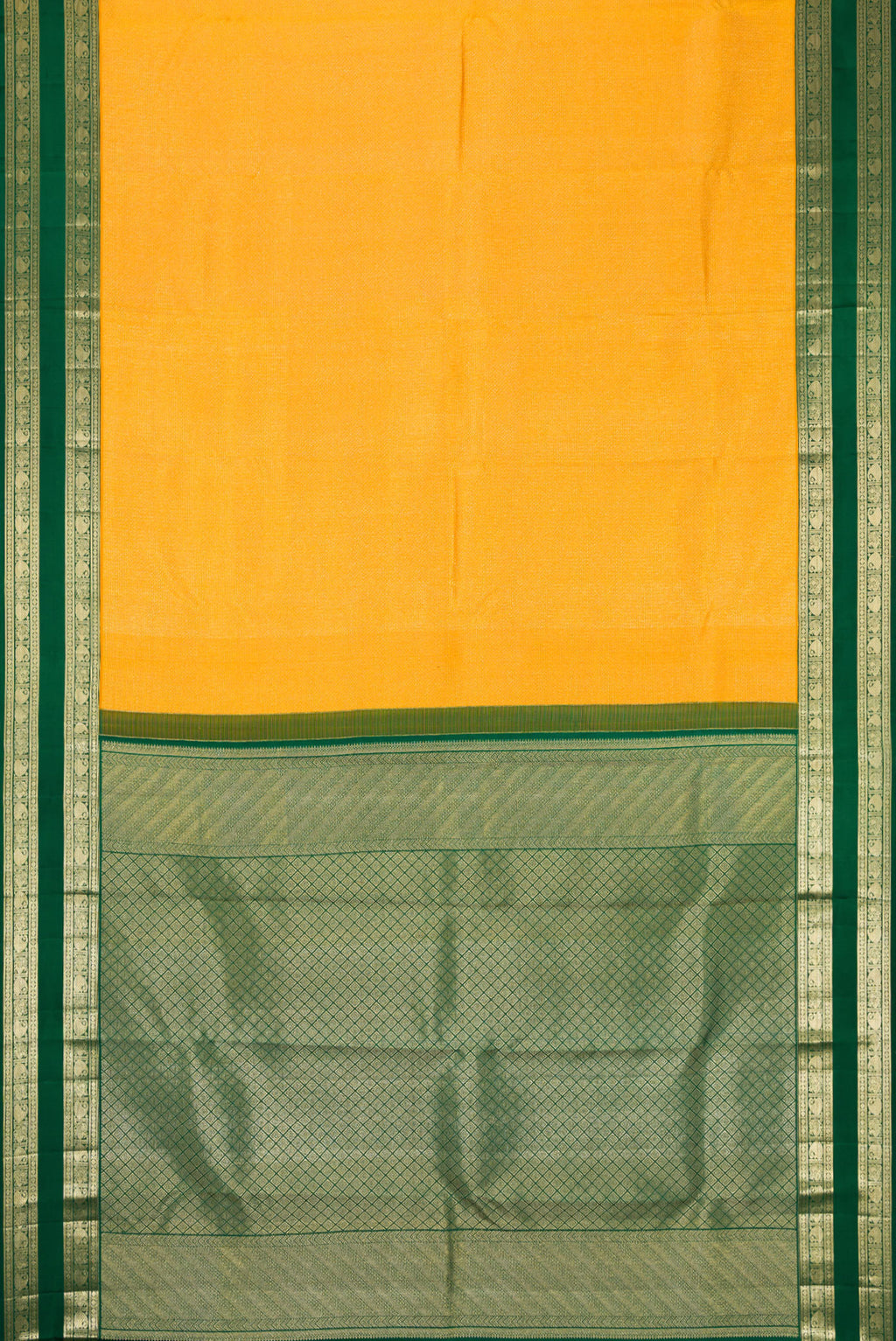 Flat view of Mustard Kanjivaram Silk Saree with Zari Brocade on the body and Zari Border. 