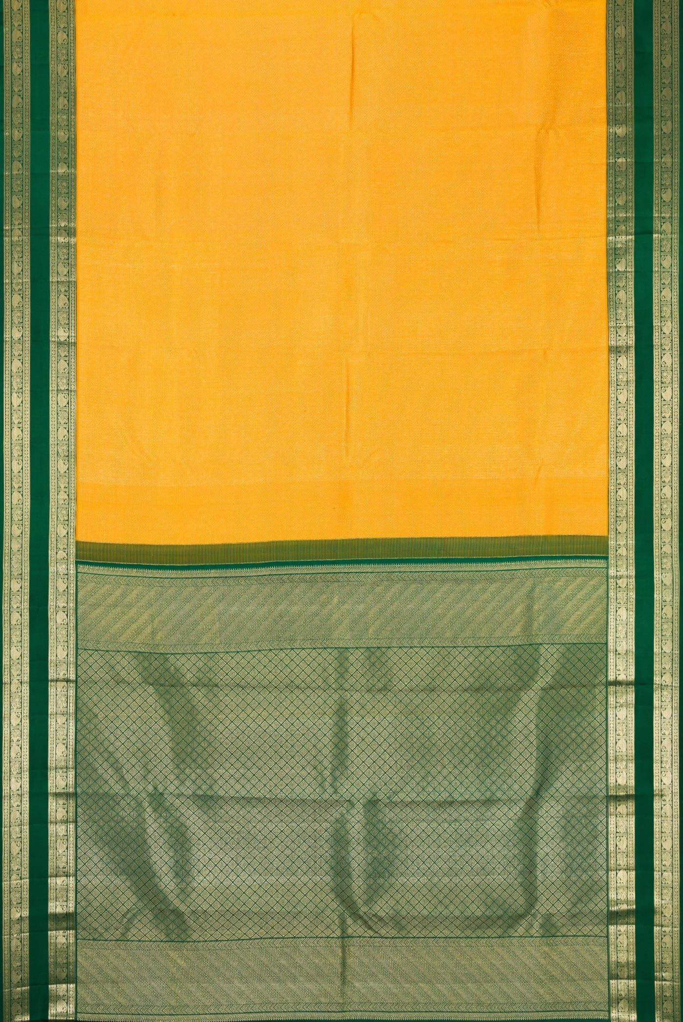 Flat view of Mustard Kanjivaram Silk Saree with Zari Brocade on the body and Zari Border. 