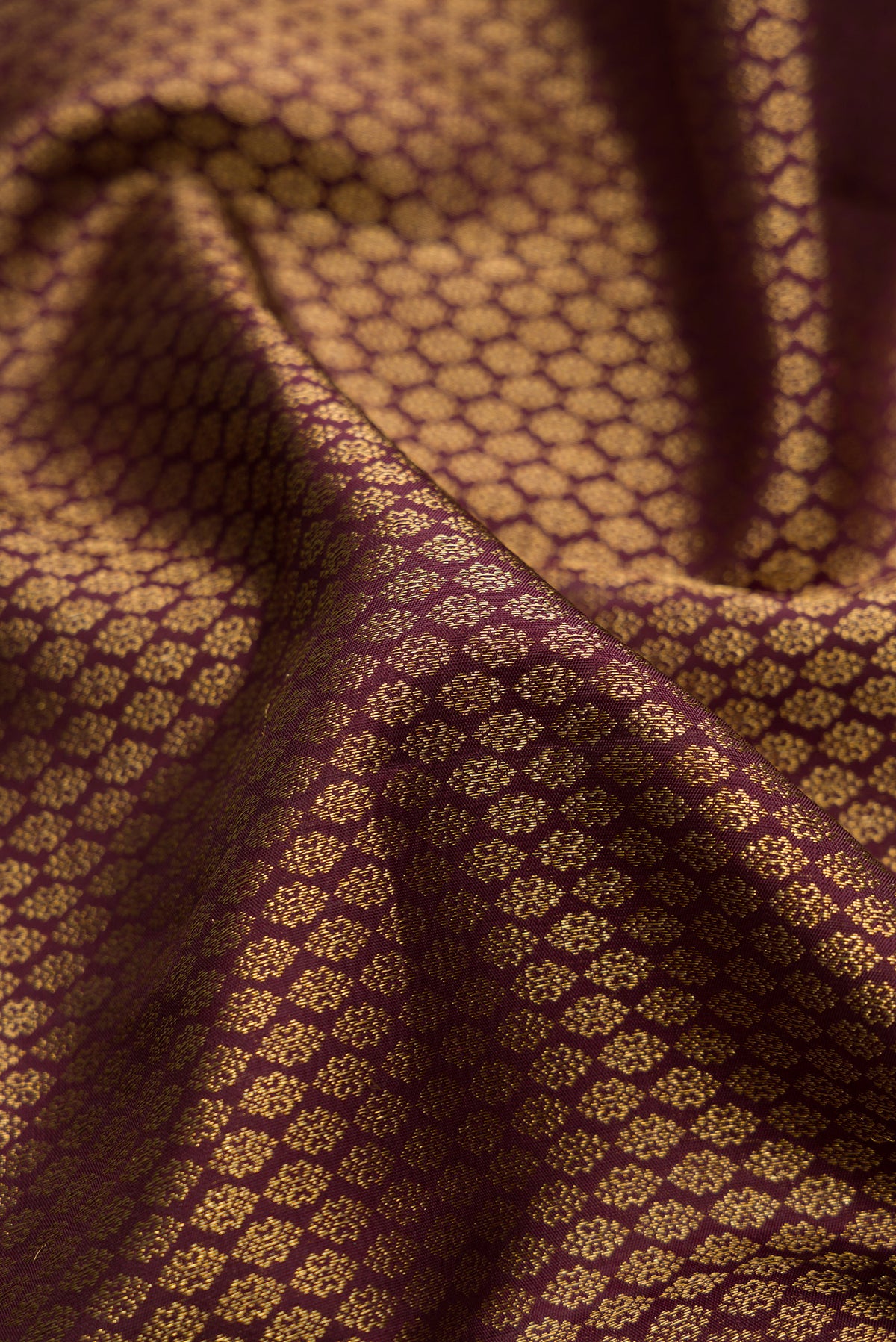 Close up of Coffee Brown Kanjivaram Silk Saree with Zari Brocade on the body and Zari Border.  displaying folds