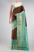 Coffee Brown Kanjivaram Silk Saree with Zari Brocade on the body and Zari Border.  displayed on a mannequin