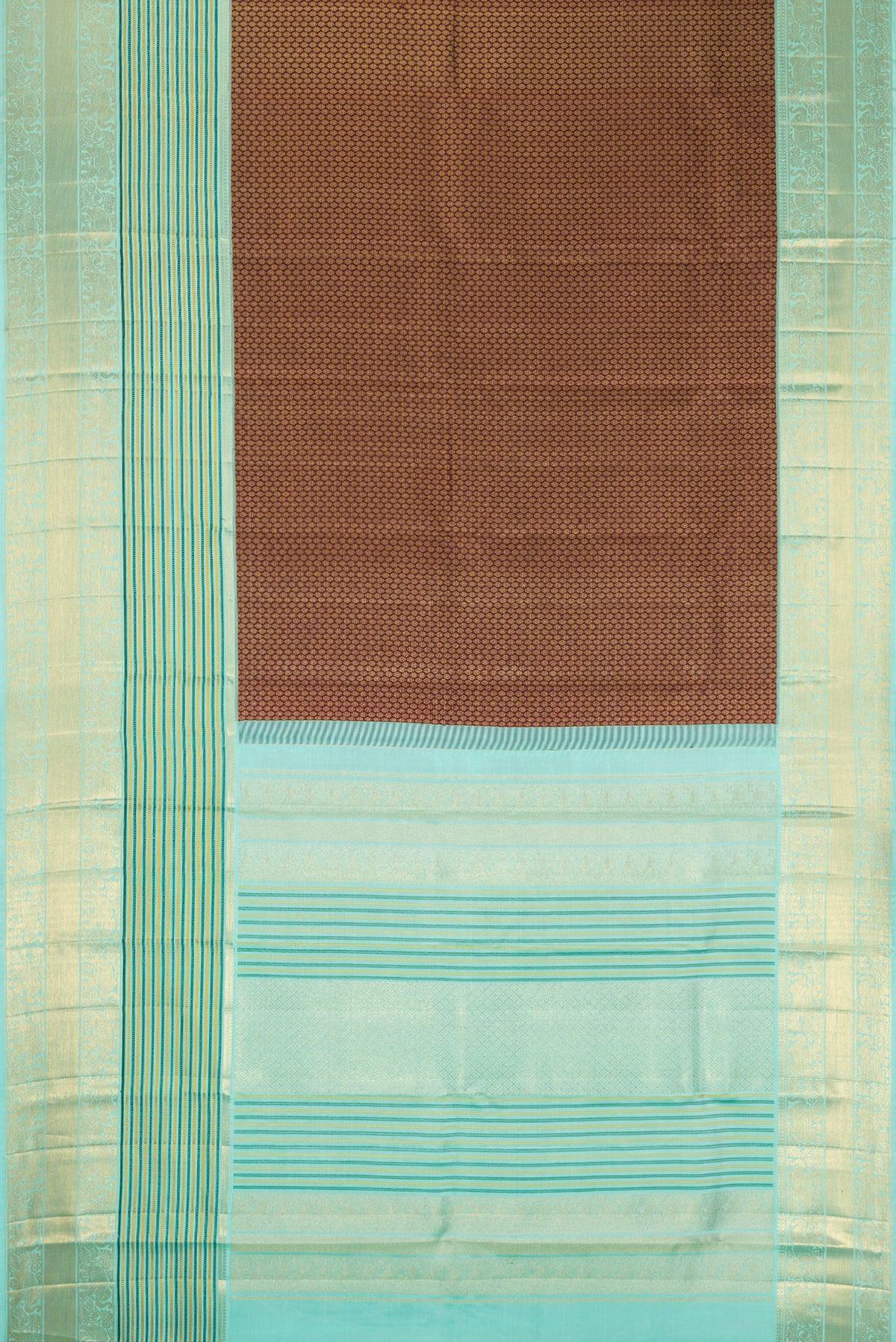 Flat view of Coffee Brown Kanjivaram Silk Saree with Zari Brocade on the body and Zari Border. 