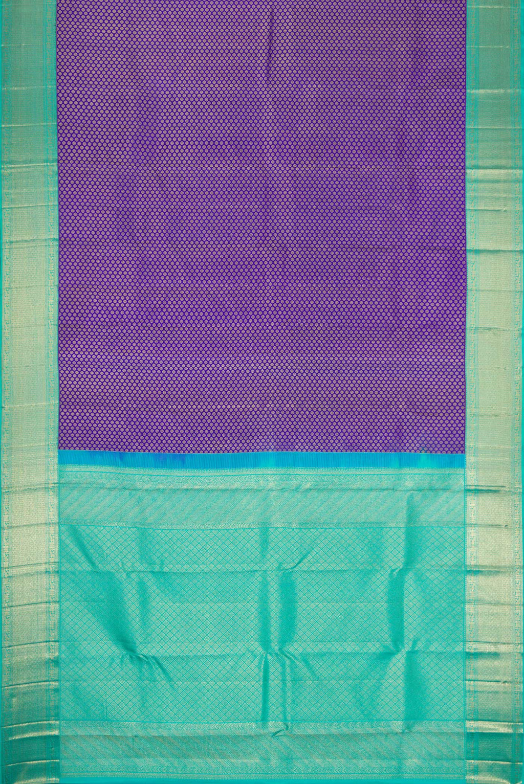 Flat view of Royal Blue Dual Tone Kanjivaram Silk Saree with Zari Brocade on the body and Zari Border. 