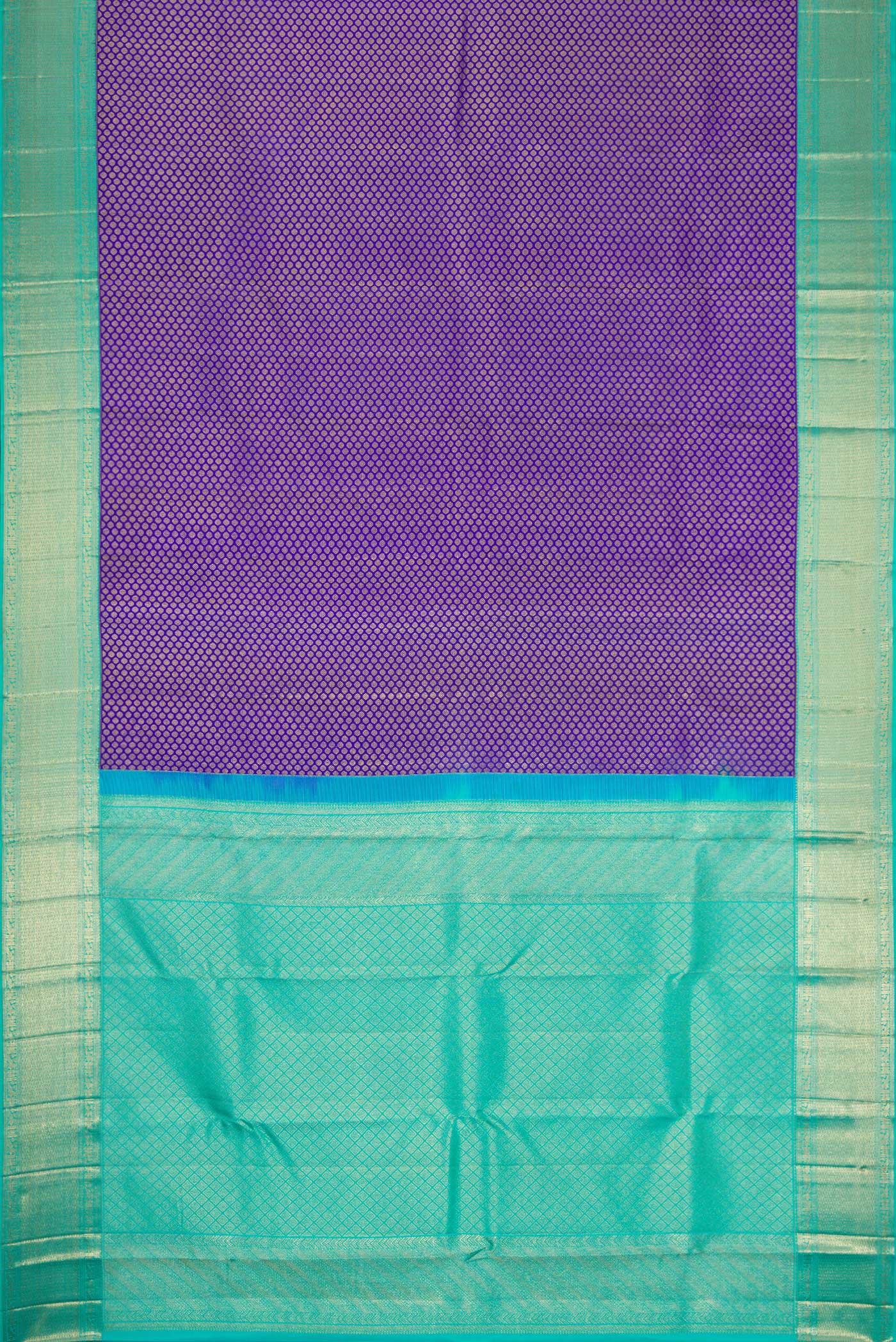 Flat view of Royal Blue Dual Tone Kanjivaram Silk Saree with Zari Brocade on the body and Zari Border. 