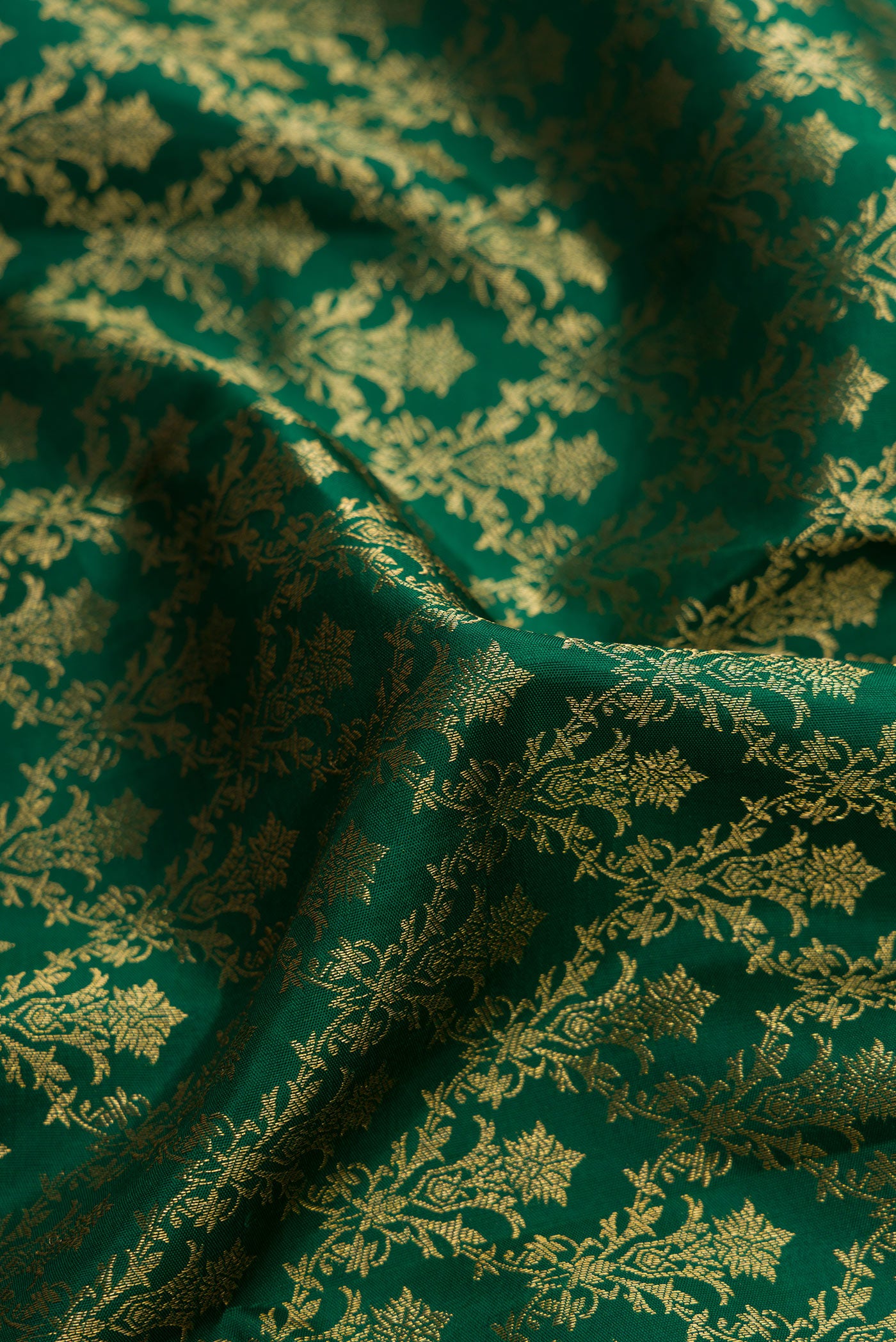 Close up of Green Dual Tone Kanjivaram Silk Saree with Zari Brocade on the body and Zari Border.  displaying folds