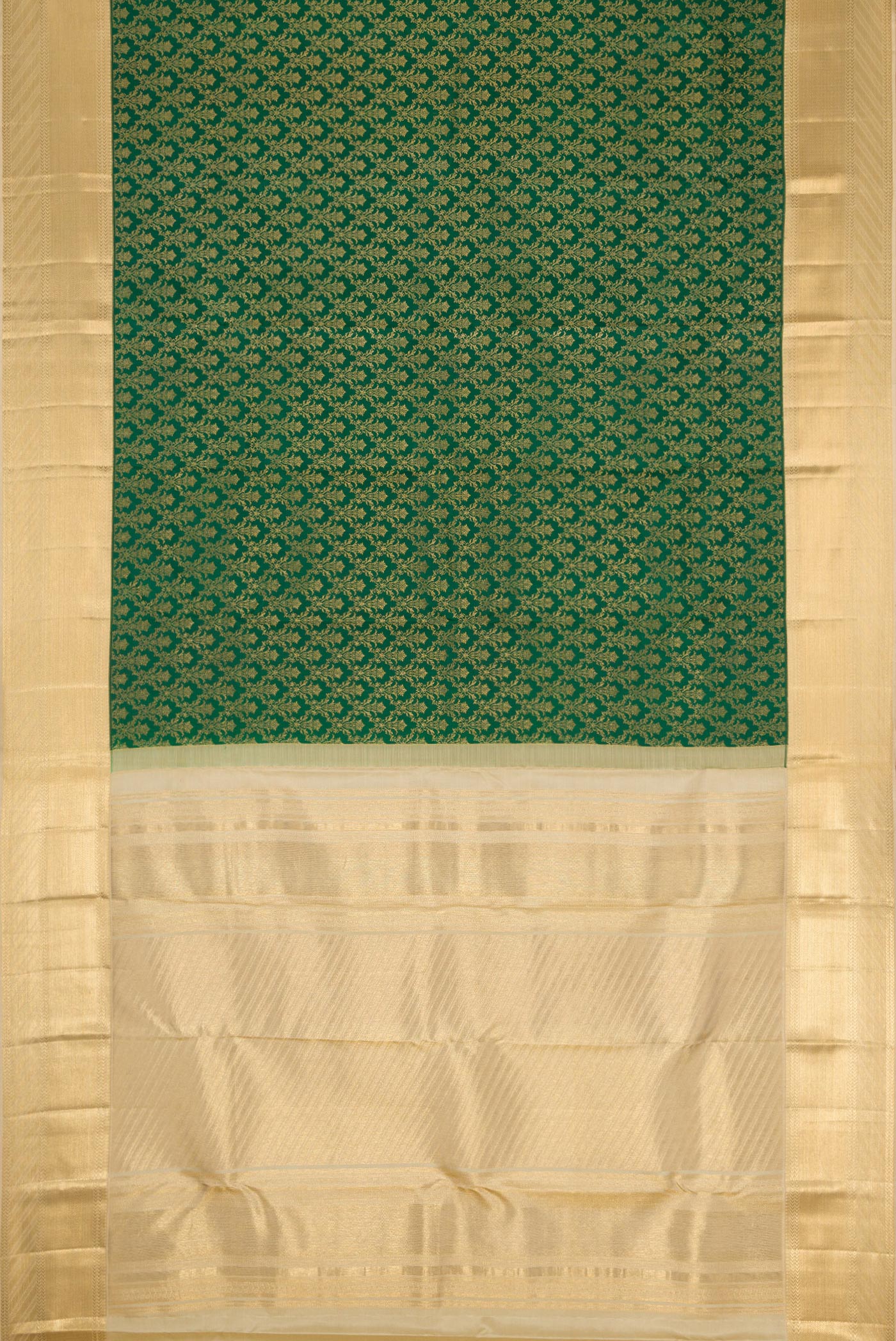 Flat view of Green Dual Tone Kanjivaram Silk Saree with Zari Brocade on the body and Zari Border. 