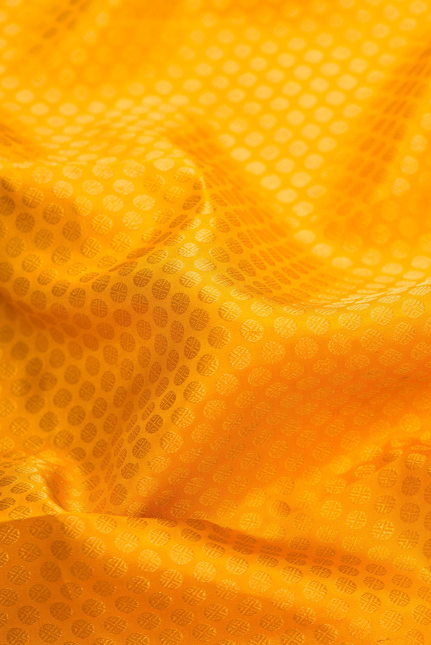 Close up of Mustard Dual Tone Kanjivaram Silk Saree with Zari Brocade on the body and Zari Border.  displaying folds