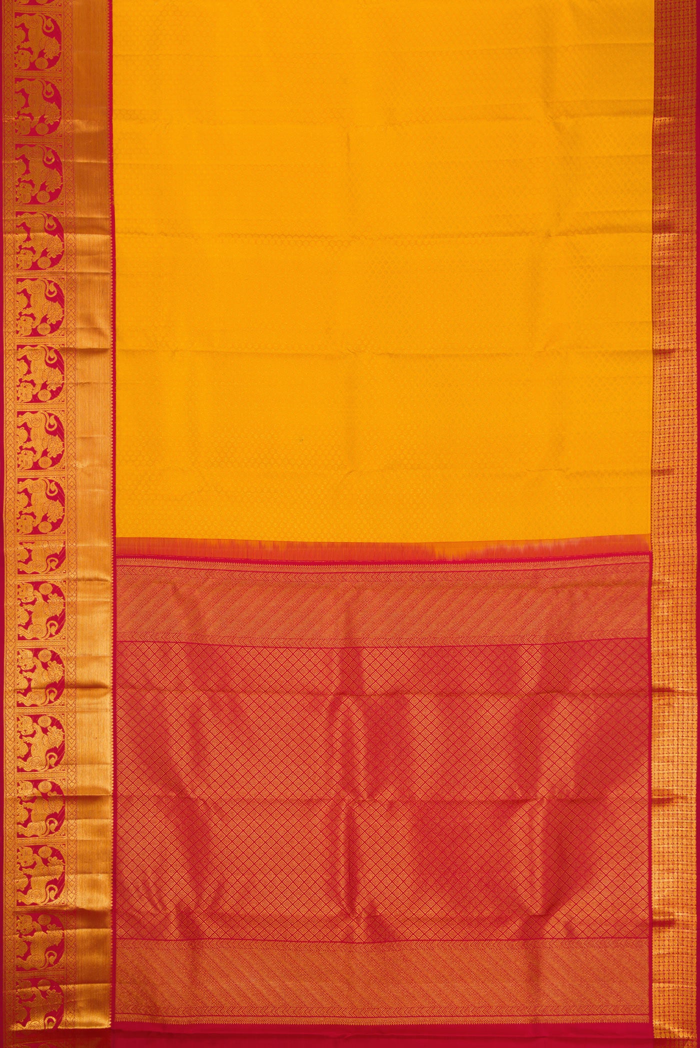 Flat view of Mustard Dual Tone Kanjivaram Silk Saree with Zari Brocade on the body and Zari Border. 