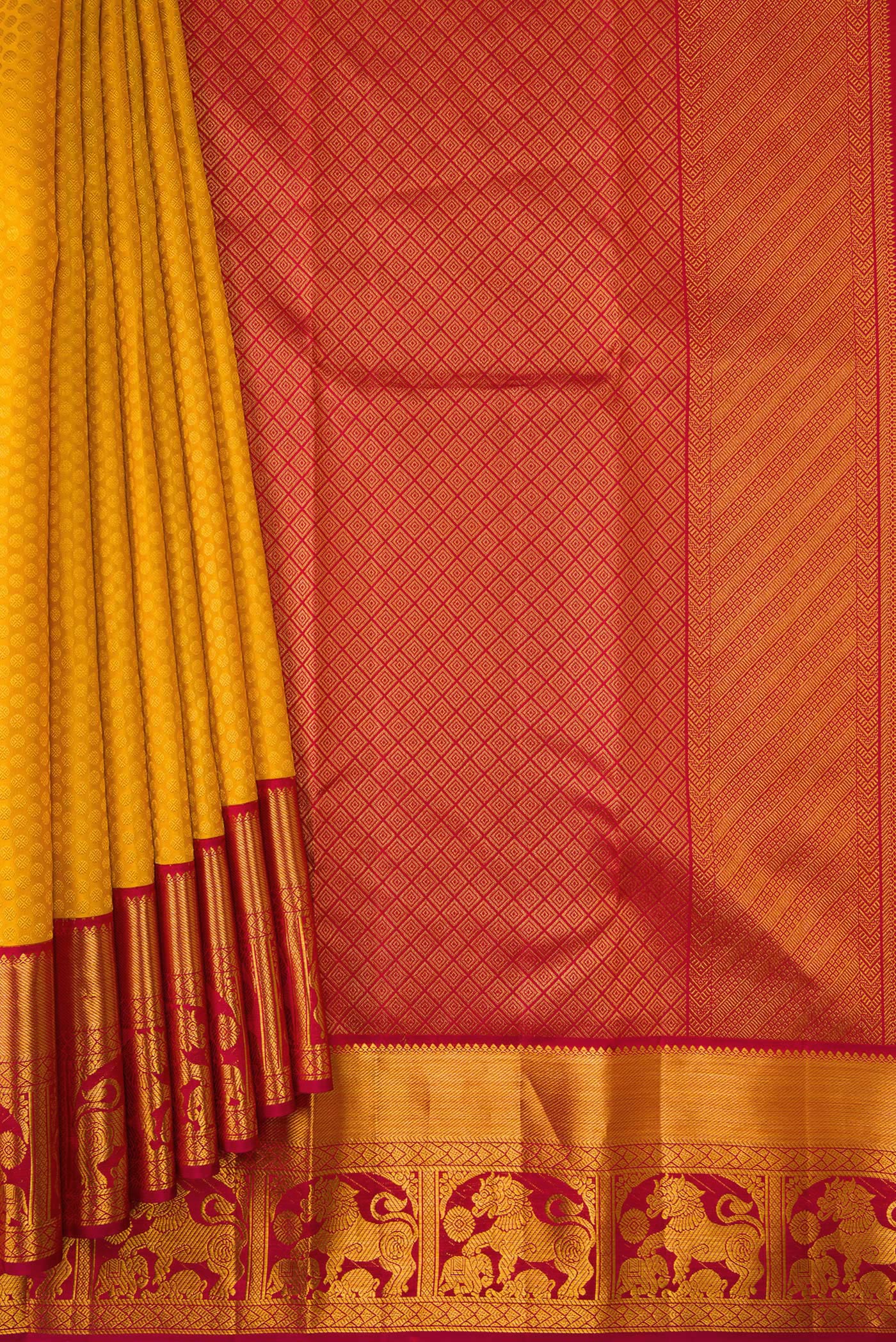 Pleats and pallu of Mustard Dual Tone Kanjivaram Silk Saree with Zari Brocade on the body and Zari Border. 