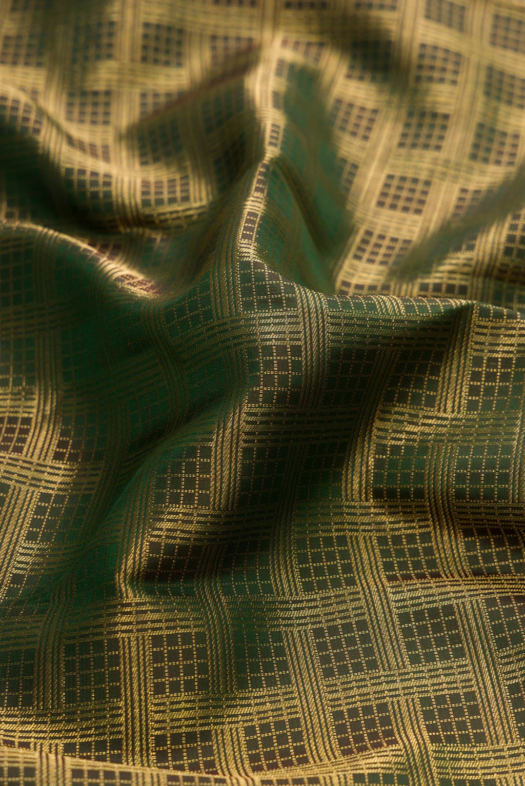 Close up of Green Dual Tone Kanjivaram Silk Saree with Zari Brocade on the body and Zari Border.  displaying folds