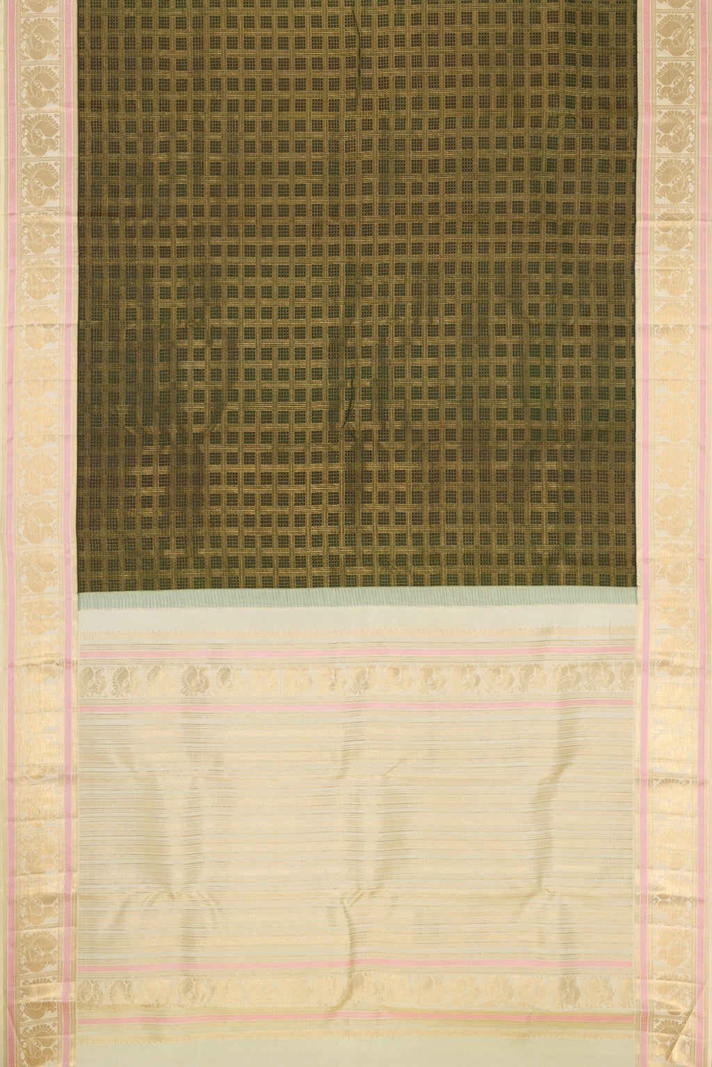Flat view of Green Dual Tone Kanjivaram Silk Saree with Zari Brocade on the body and Zari Border. 