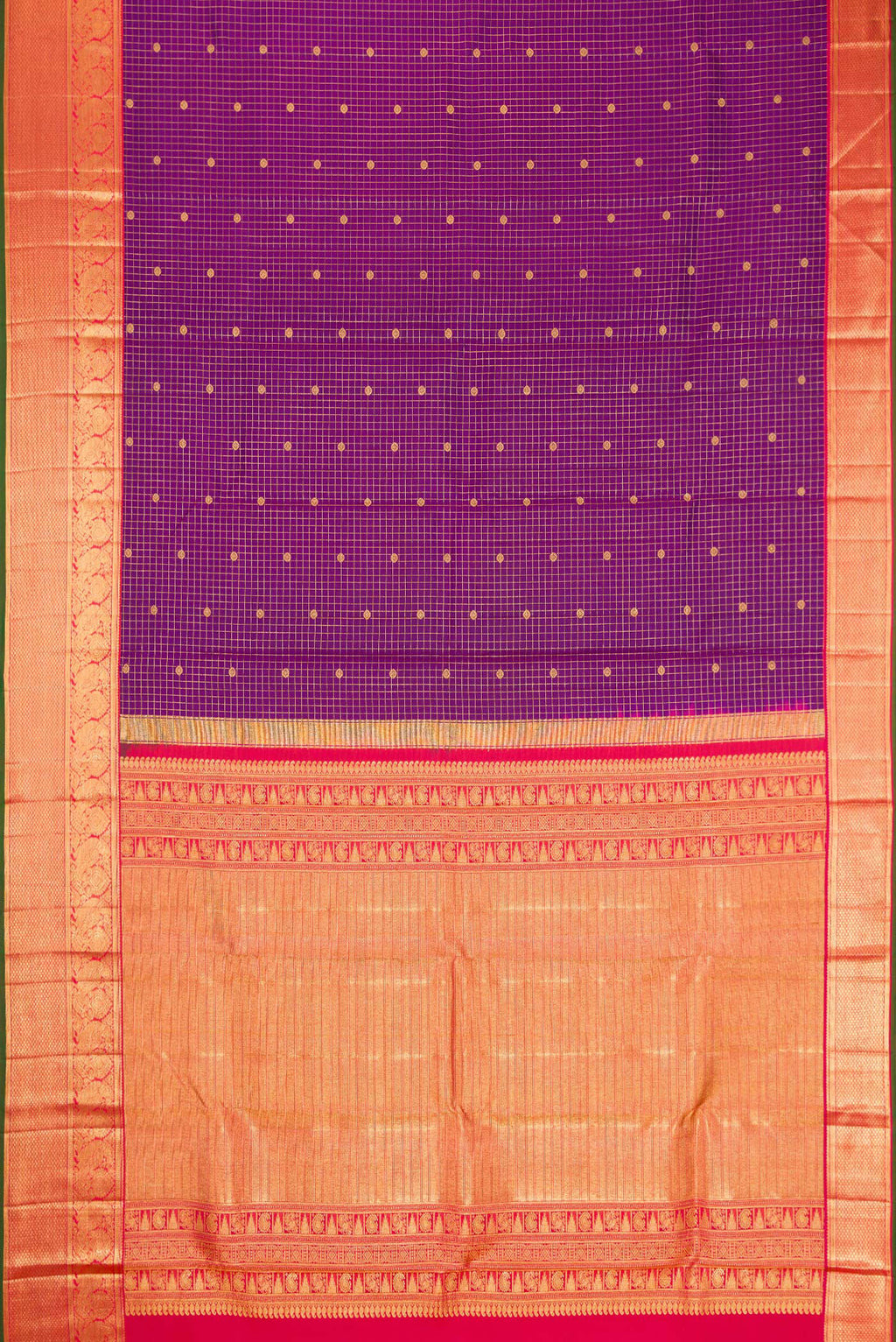 Flat view of Purple Dual Tone Kanjivaram Silk Saree with Checked design on the body and Zari Border. 