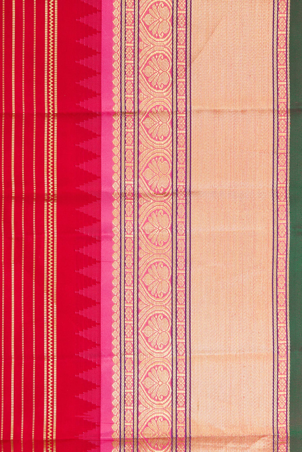 Border image of Red Dual Tone Kanjivaram Silk Saree with Stripes on the body and Zari Border. 
