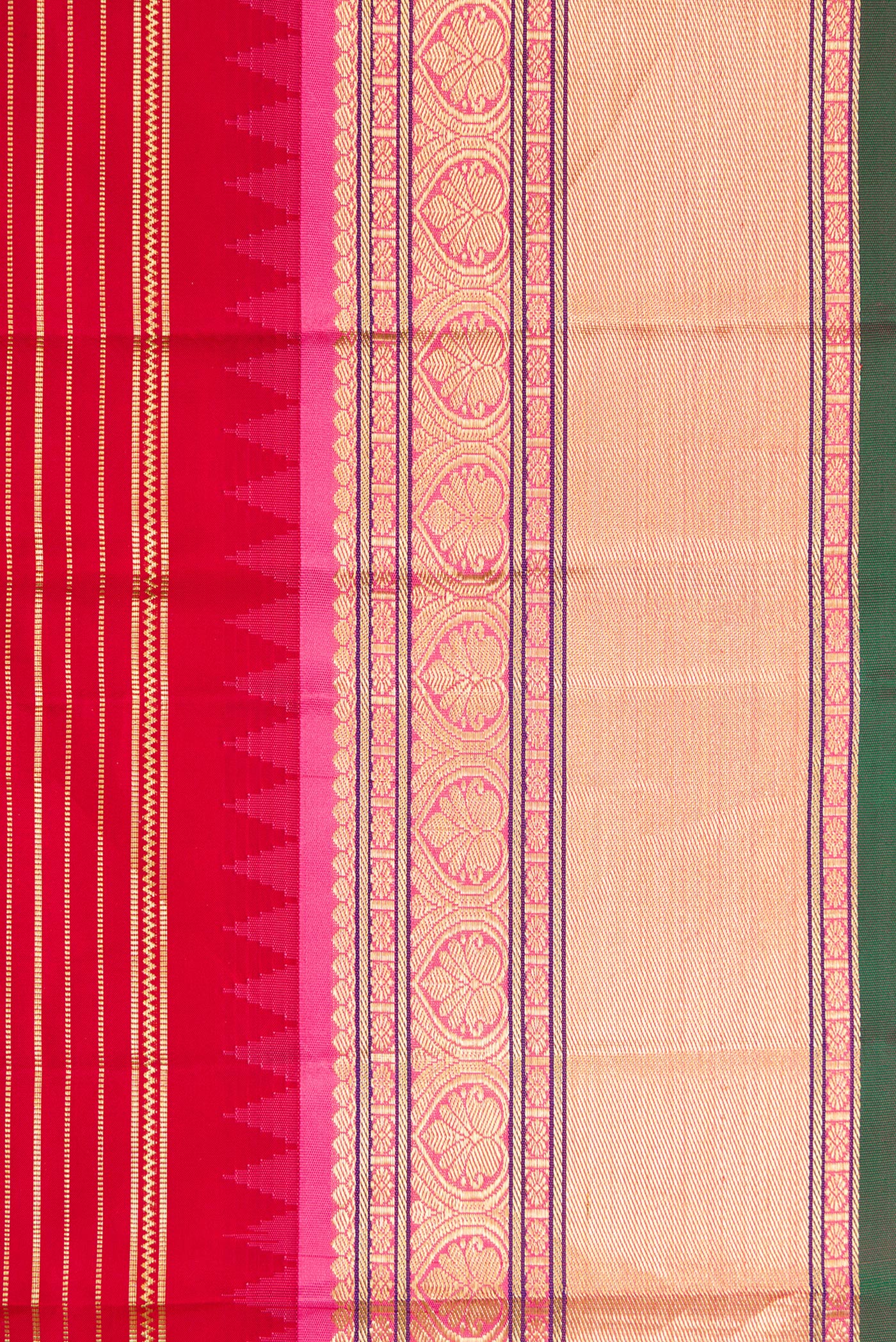 Border image of Red Dual Tone Kanjivaram Silk Saree with Stripes on the body and Zari Border. 