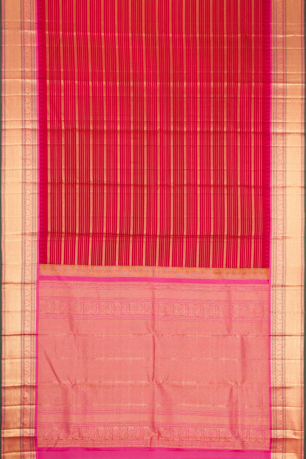 Flat view of Red Dual Tone Kanjivaram Silk Saree with Stripes on the body and Zari Border. 